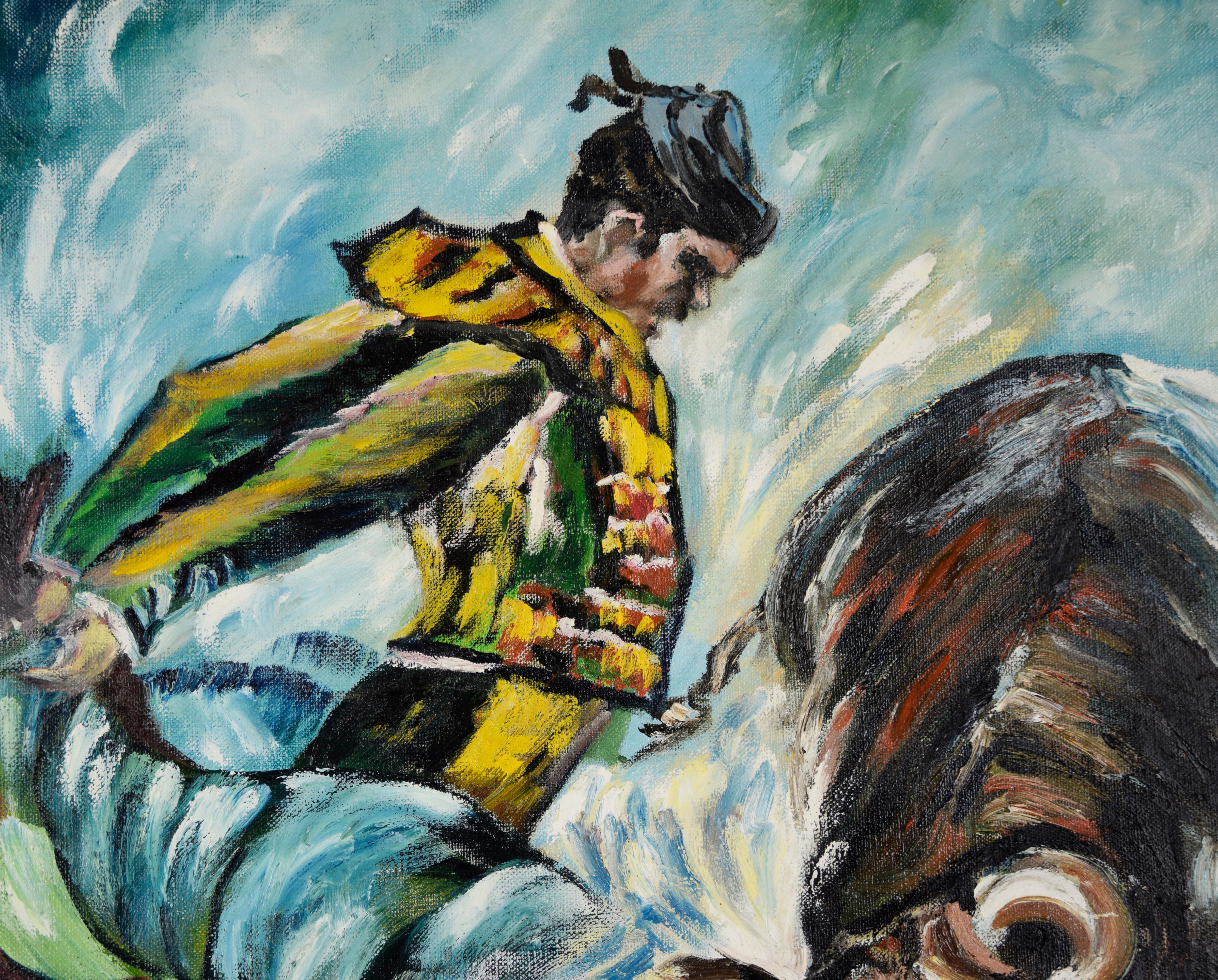 Il toro e il matador - Olio originale su tela - Figurative Painting Nero di Unknown