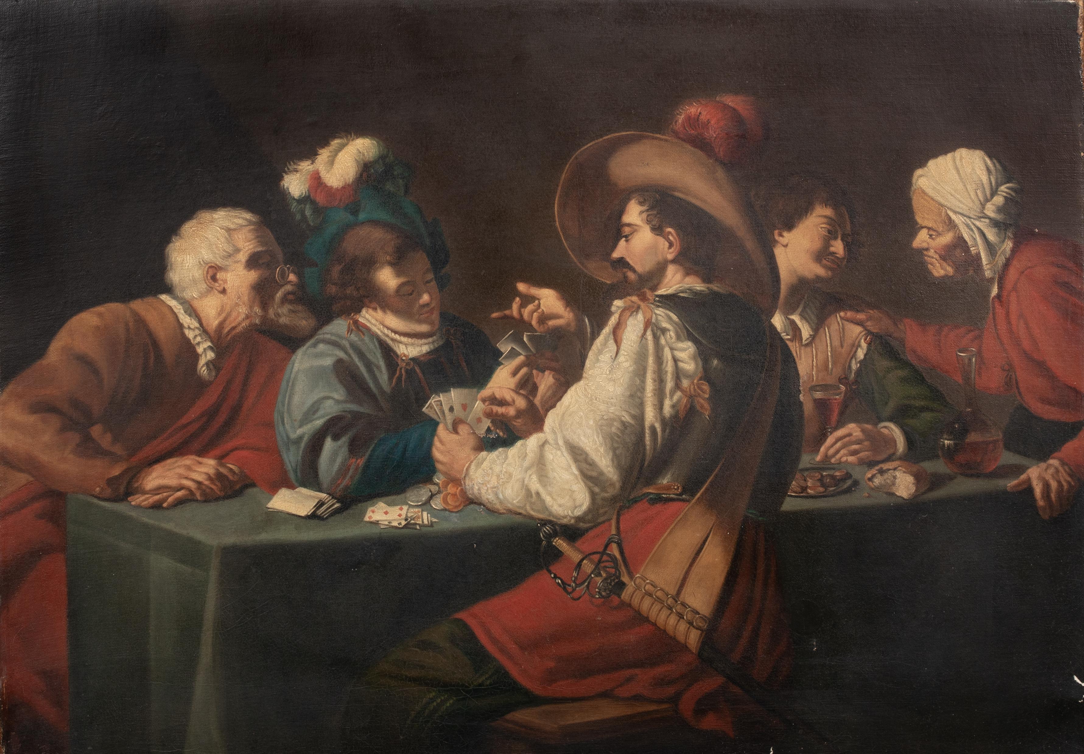Le jeu de cartes, 17e siècle   École hollandaise - Noir Portrait Painting par Unknown