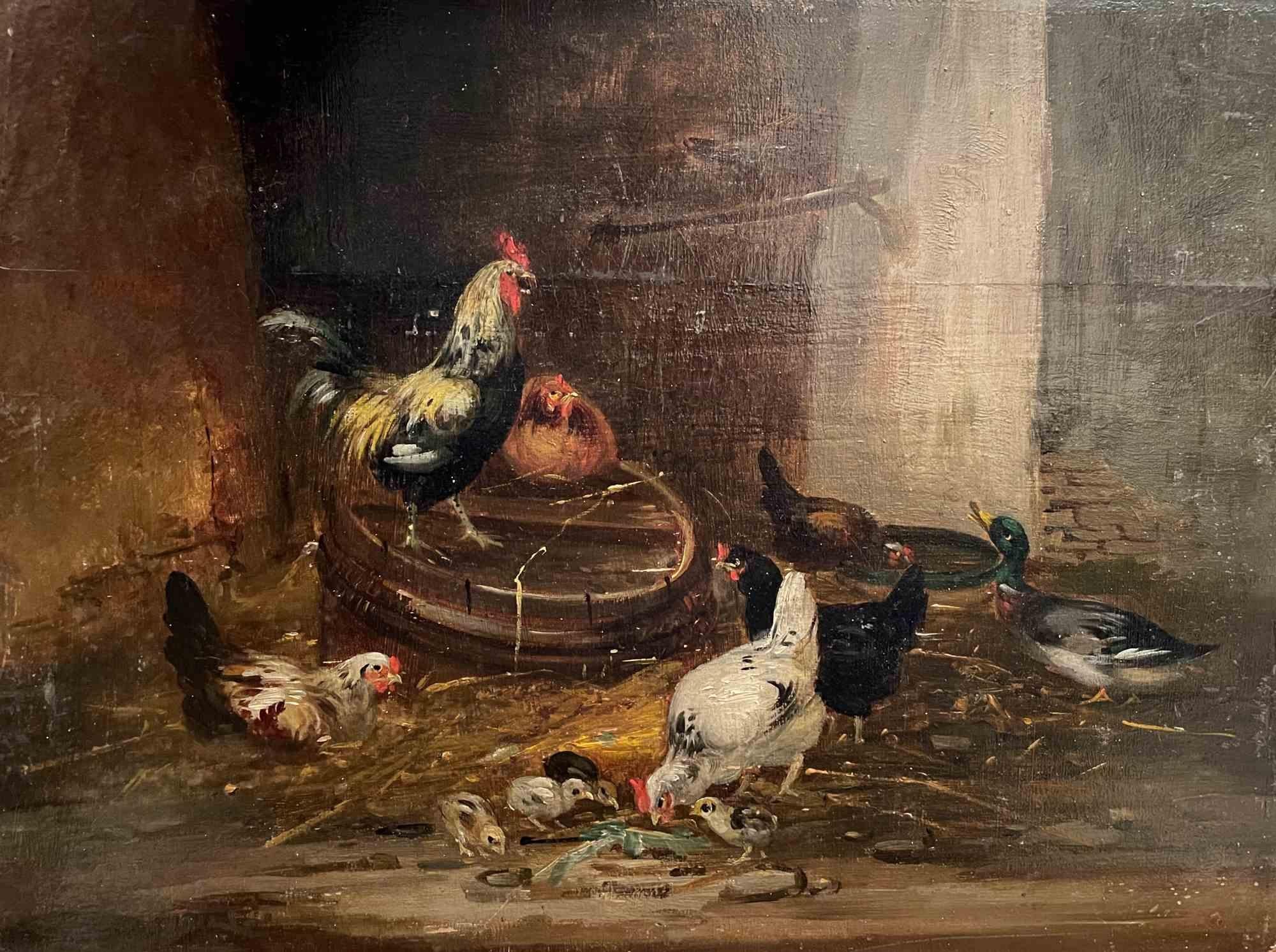 Unknown Figurative Painting - The Chicken Farm - Oil Paint - 19th Century