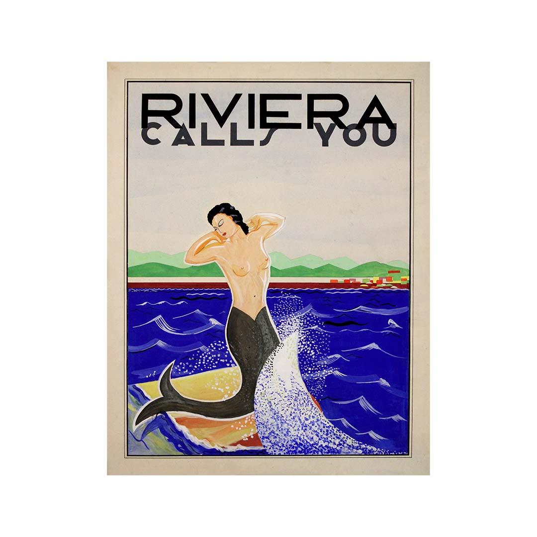 Das um 1930 entstandene Gemälde Riviera Calls You ist ein beeindruckendes und eindrucksvolles Beispiel für (Art déco), Painting, von Unknown
