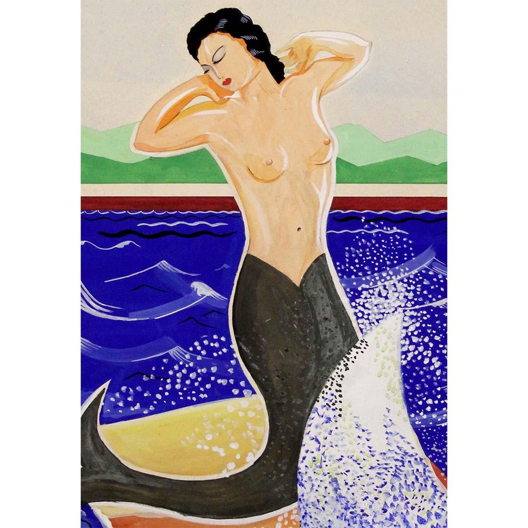 Das um 1930 entstandene Gemälde Riviera Calls You ist ein beeindruckendes und eindrucksvolles Beispiel für die Reisewerbung des frühen 20. Das Werk im markanten Art-Déco-Stil vermittelt Eleganz und Lebendigkeit, die für das Designgefühl dieser