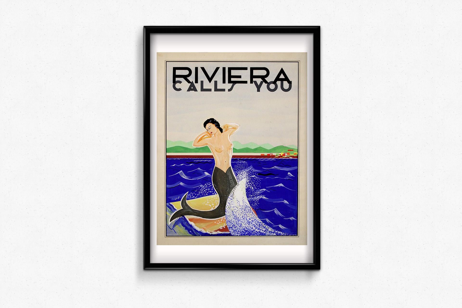 Das um 1930 entstandene Gemälde Riviera Calls You ist ein beeindruckendes und eindrucksvolles Beispiel für im Angebot 1