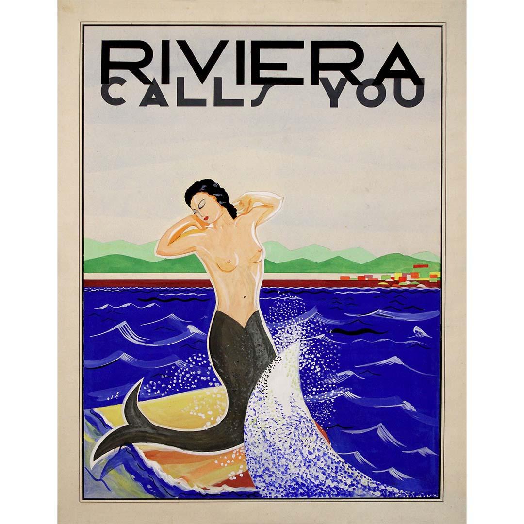 Das um 1930 entstandene Gemälde Riviera Calls You ist ein beeindruckendes und eindrucksvolles Beispiel für – Painting von Unknown