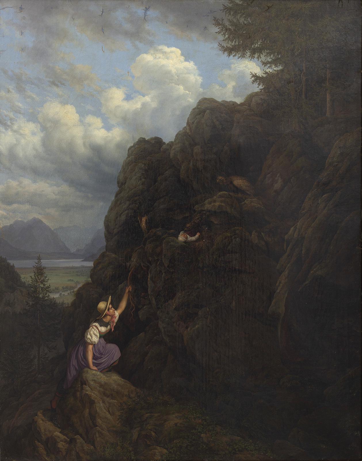 Unknown Figurative Painting - The Climbing - Oil on Canvas School of Dusseldorf -19th Century