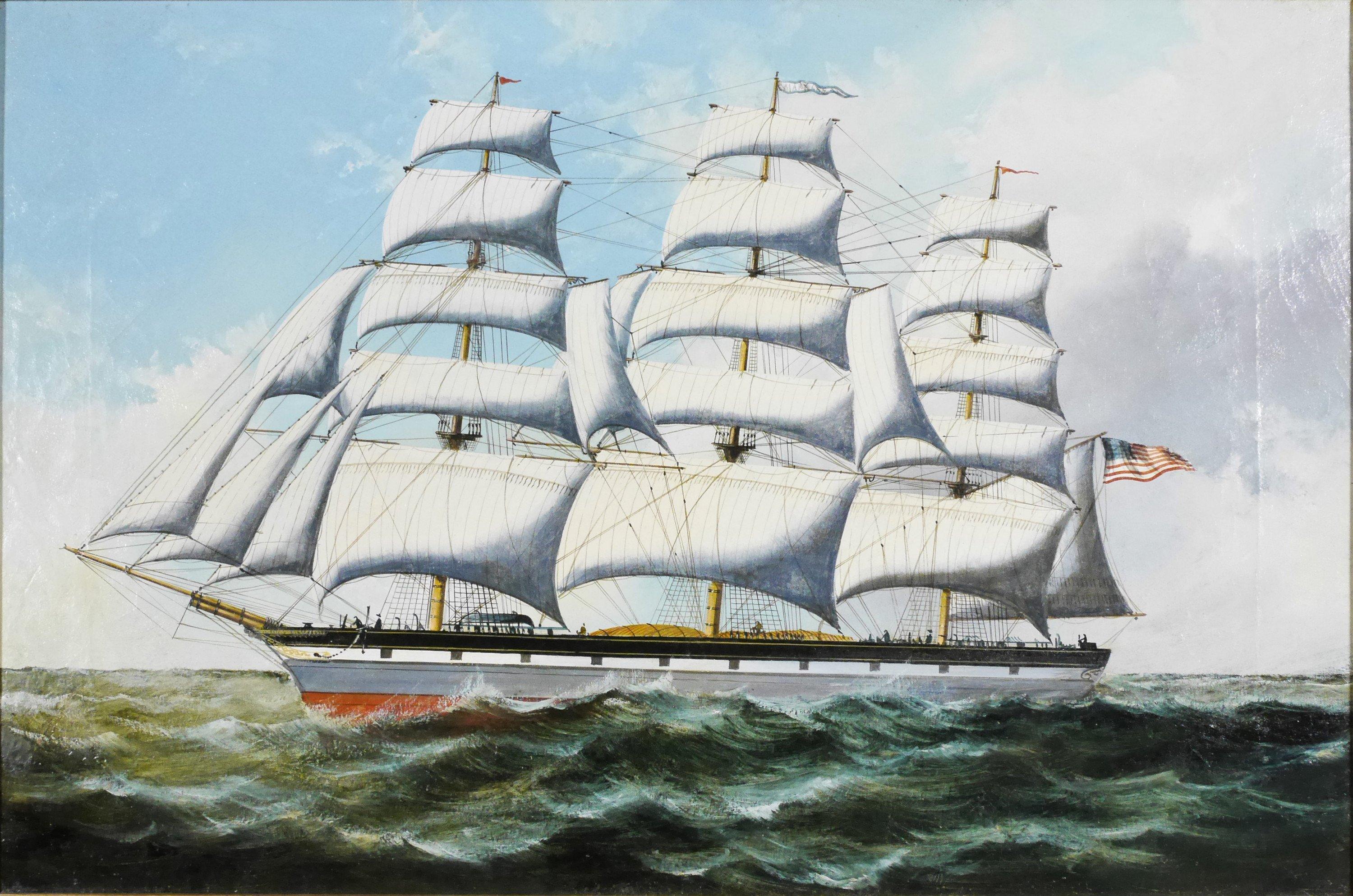 Clipper Mary Lee in High Seas, mid-19th century American school ship seascape - Painting by Unknown