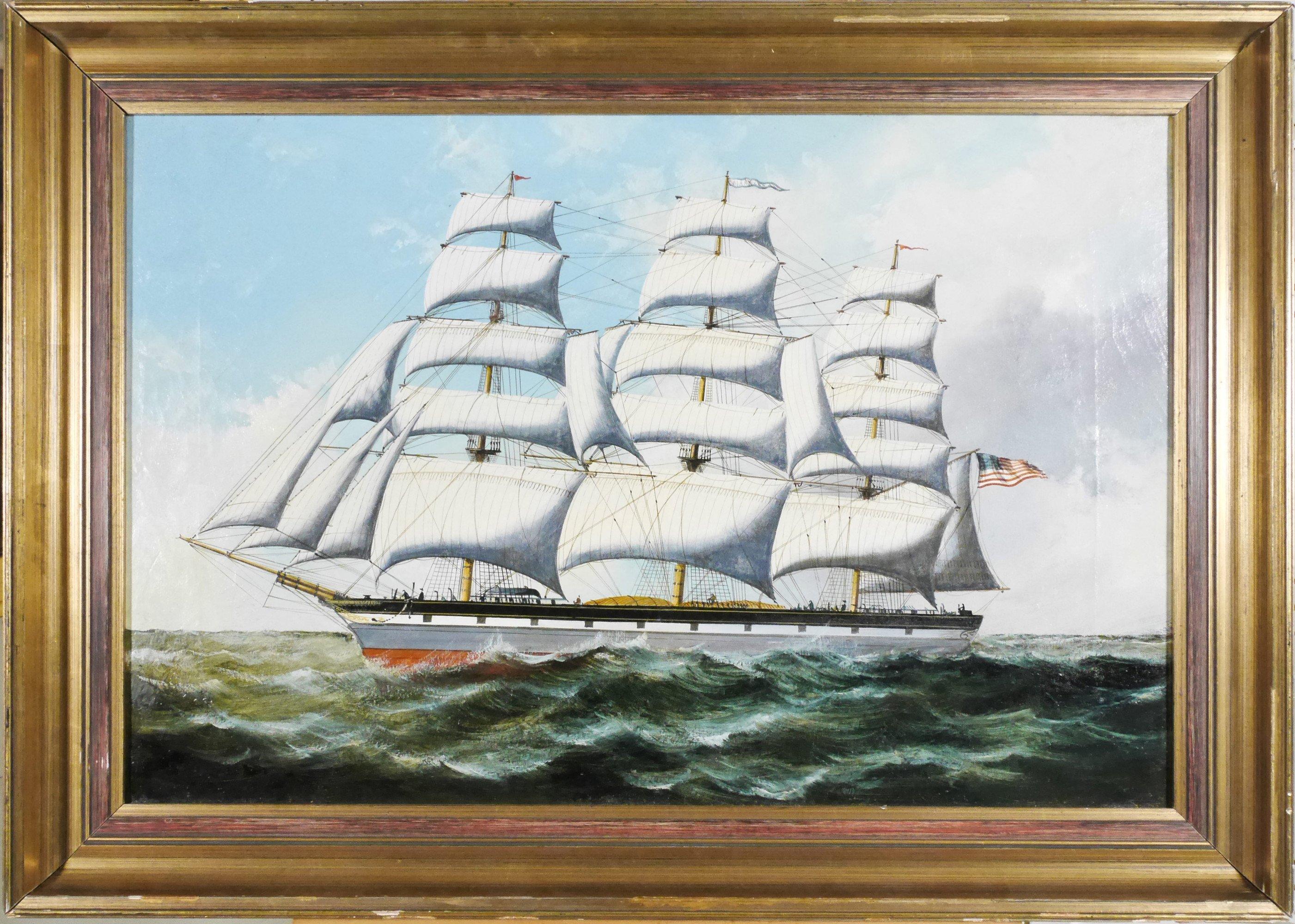 Unknown Landscape Painting - Clipper Mary Lee in High Seas, mid-19th century American school ship seascape