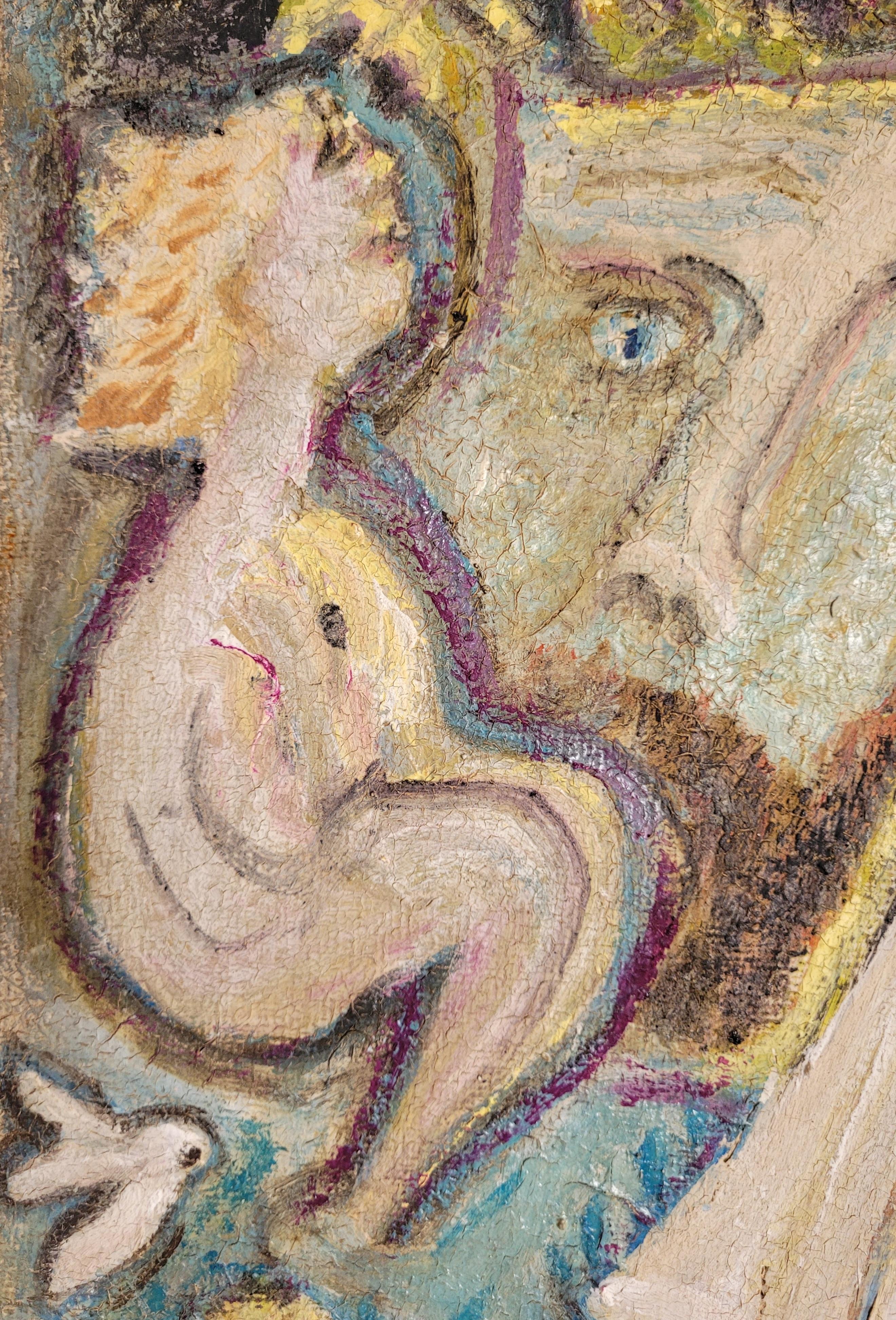 Olio su tela di metà secolo raffigurante una scena estiva in Costa Azzurra. L'opera è firmata ma l'artista è sconosciuto.

Questa opera d'arte è una composizione vibrante ed eclettica che cattura l'essenza del surrealismo. Dominato da figure fluide