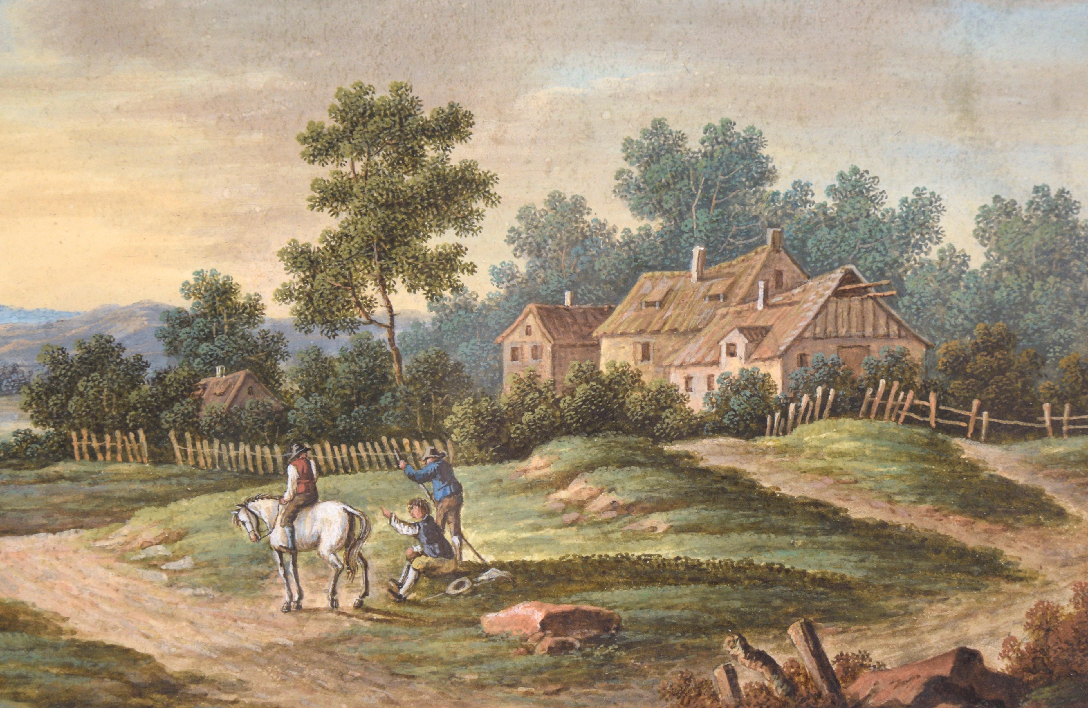 Das Landhaus - Bauernhof-Landschaft

Sehr detaillierte Szene mit einem Landhaus, Arbeitern und einem Hasen mit Reiter von einem unbekannten Künstler (19. Jahrhundert). Fünf Personen - eine davon auf einem Pferd - arbeiten in der Nähe von