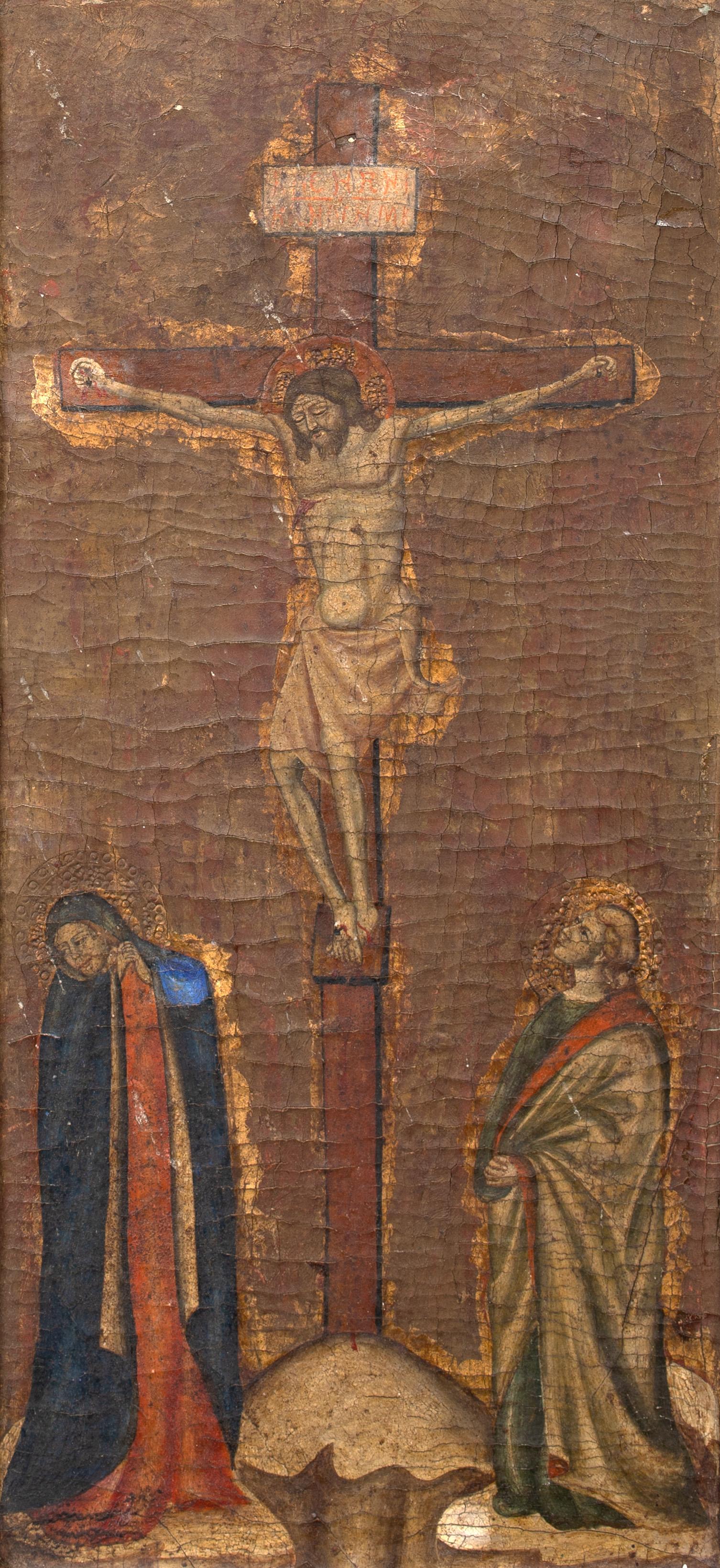 La Crucifixion, 15e siècle  cercle d' IL SASSETTA (1390-1450) - Beige Figurative Painting par Unknown