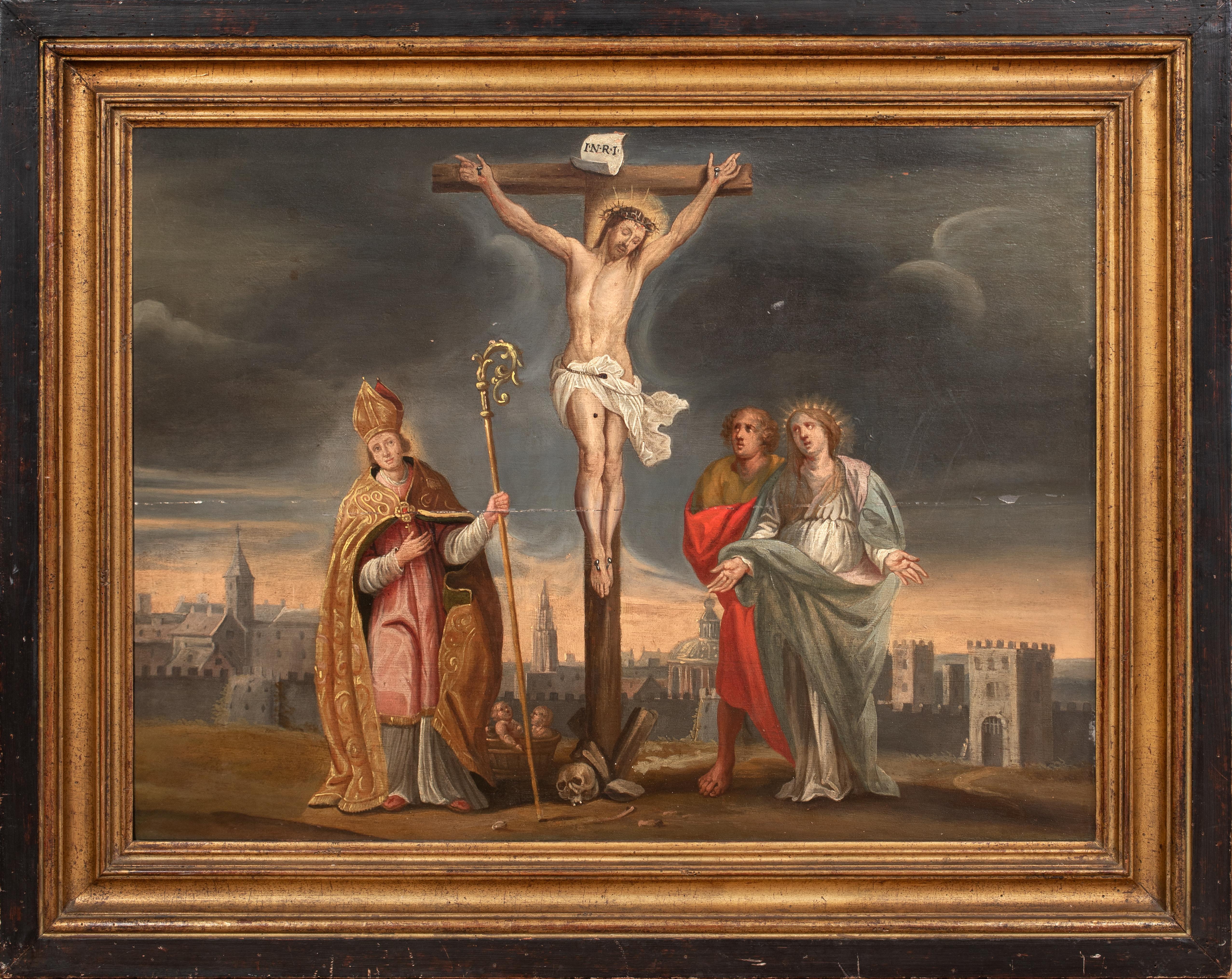 Unknown Portrait Painting - The Crucifixion, The Virgin, St John the Evangelist and St Nicholas 17th Century