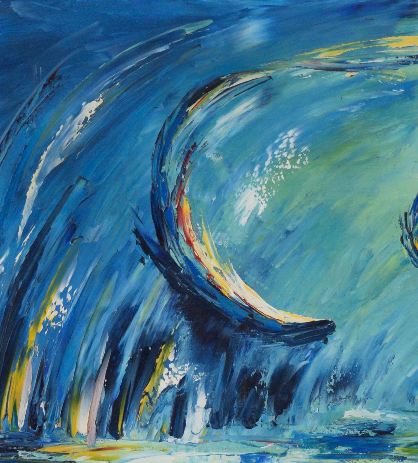The Dance of water, Öl auf Leinwand, 1968
Abstraktes expressionistisches Gemälde mit drei um das Wasser kreisenden Fischen als Mittelpunkt. Dunkelblaue Farbtöne gehen in helle mit gelben und roten Nuancen über. Signiert 