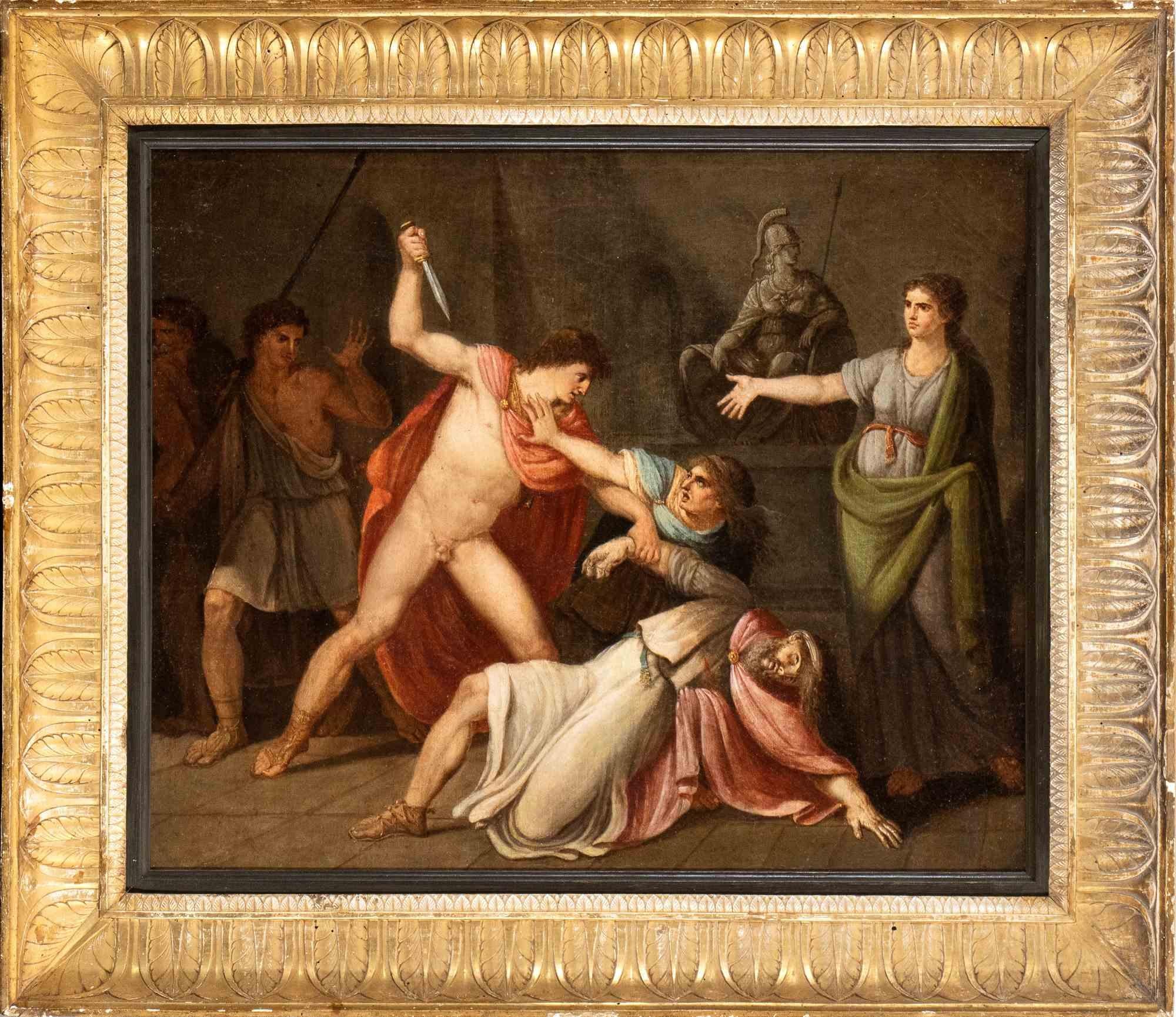 Figurative Painting di Unknown - La morte di Priamo - Dipinto a olio - Inizio XIX secolo