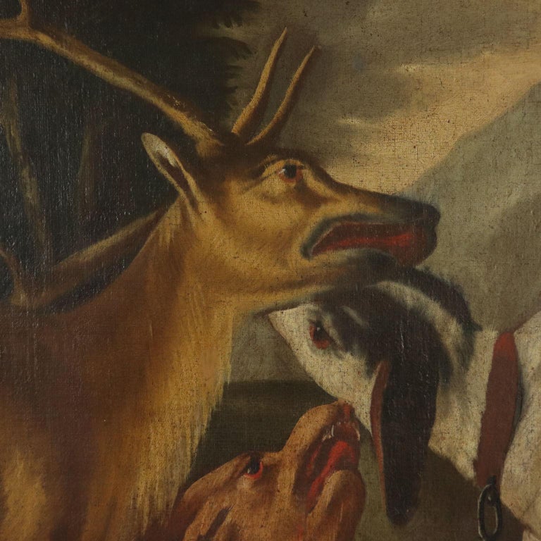 Oil on canvas. The scene depicts two watchdogs assaulting a deer who - already dying - is collapsing to the ground. Strong impact. Restored and relined, it requires cleaning and adjustments. Revival gilded frame. 18th century.