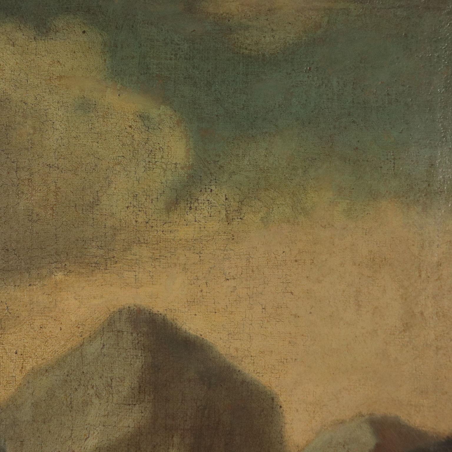 Oil on canvas. The scene depicts two watchdogs assaulting a deer who - already dying - is collapsing to the ground. Strong impact. Restored and relined, it requires cleaning and adjustments. Revival gilded frame. 18th century.