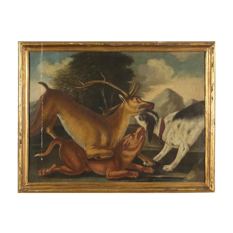 Unknown Landscape Painting - The Deer Hunting Oil on Canvas Painting 18th Century