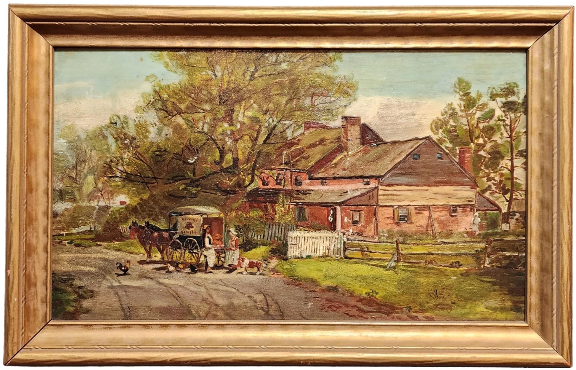 Unknown Landscape Painting – Die Lieferung, Pferd und Wagen, amerikanisches Bauernbild, Hund, Hahn
