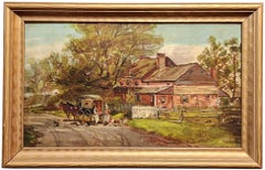 Antique The Delivery, Horse and Cart, American Farm Painting, Dog, Rooster