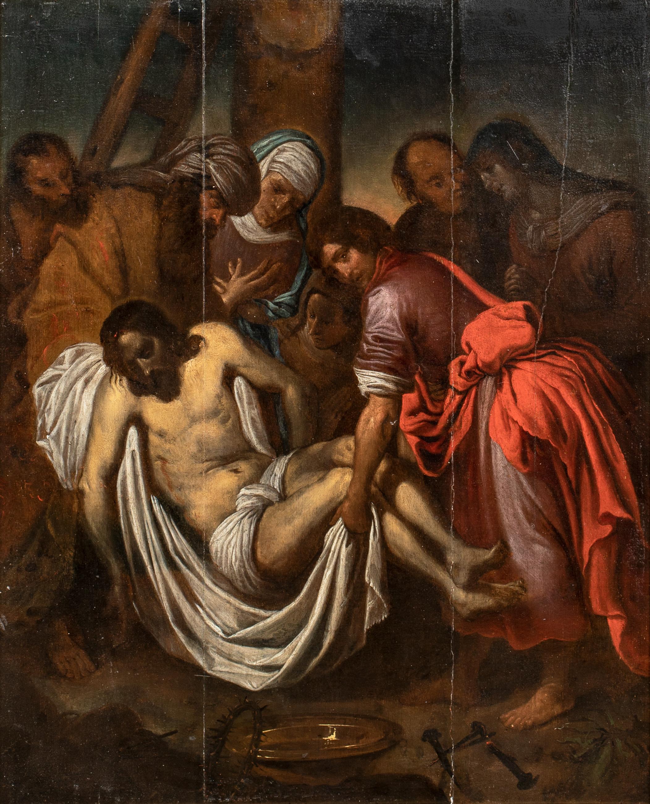 The Descent From The Cross, 17th Century 

Italian School - early oil on panel

Fine large 17th Century Italian School Old Master of the descent from the cross, oil on cradled panel. Excellent quality and condition early Old Master of the body of