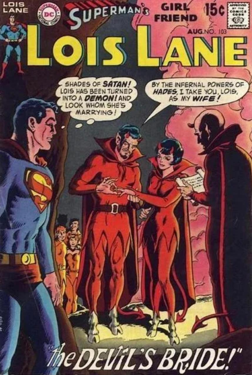 Measurements 
Painting 59.25 x 47.75 inches 
Framed 64.25 c 52.375 inches 

The painting is a depiction of the August 1970 US Comics comic book cover featuring Superman, Lois Lane, and other characters in a demonic setting. It is reminiscent of