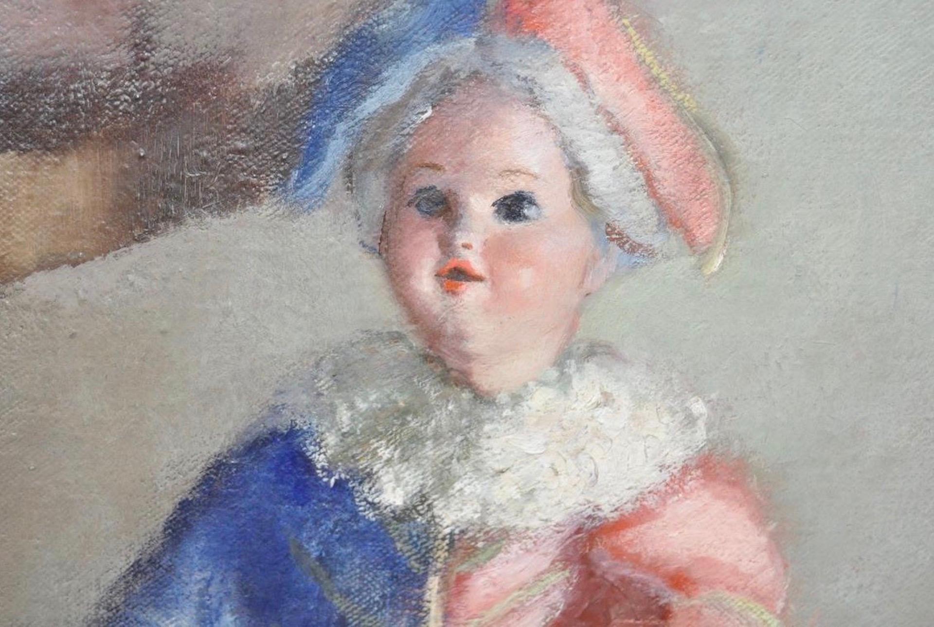 The Doll and the Rose Still Life Oil Painting c.1930

Wonderful oil on canvas by a talented artist. The painting is signed in the lower right corner, and on the back (partially illegible).

This charming doll in her harlequin outfit, and a rose at