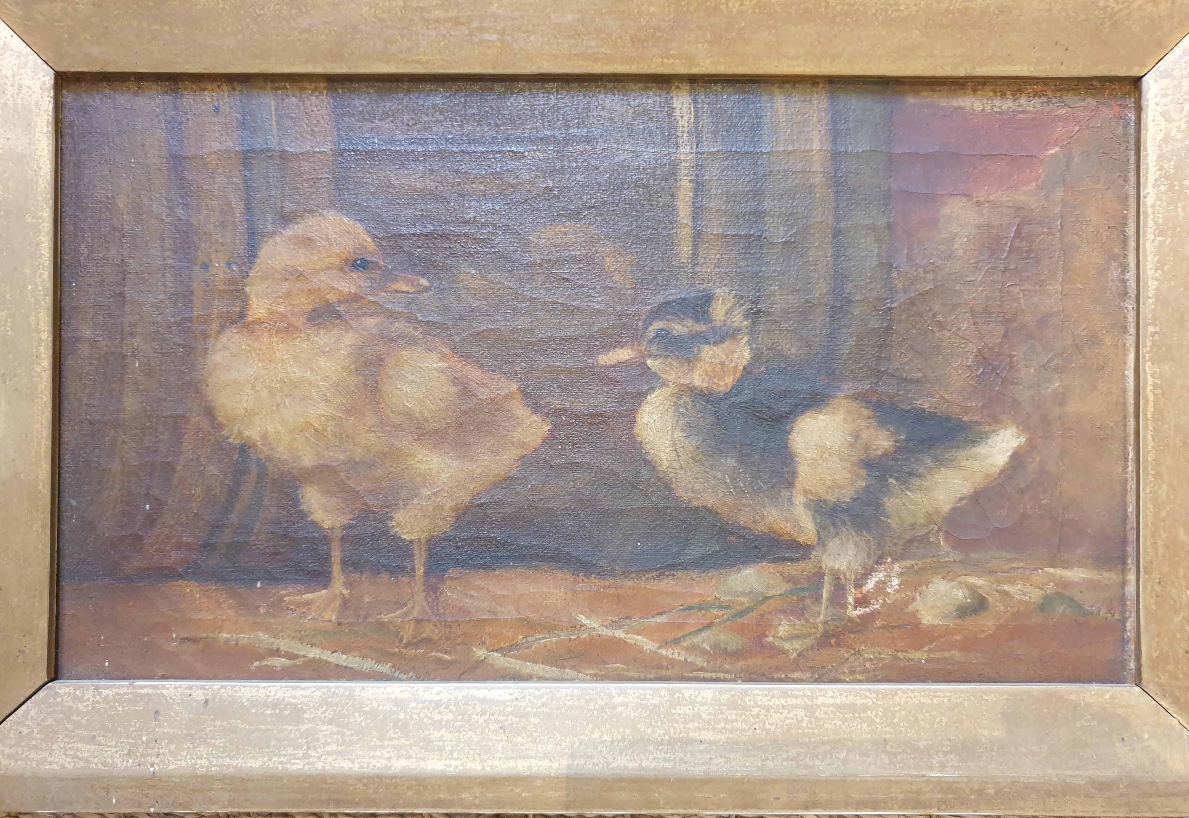 Gli anatroccoli'. Olio su tela della fine del XIX secolo. - Painting di Unknown