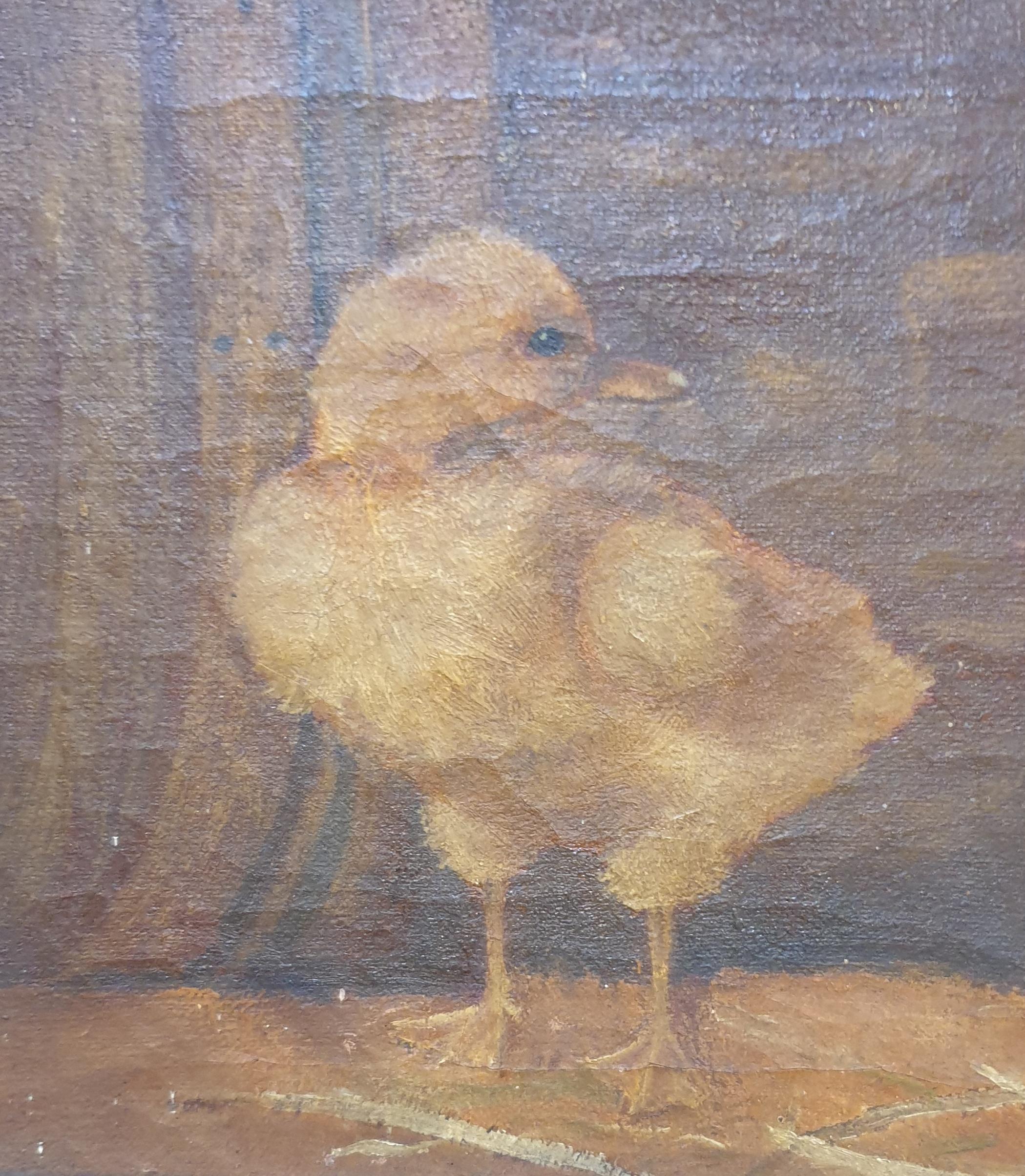 Gli anatroccoli'. Olio su tela della fine del XIX secolo. - Animal Painting Marrone di Unknown