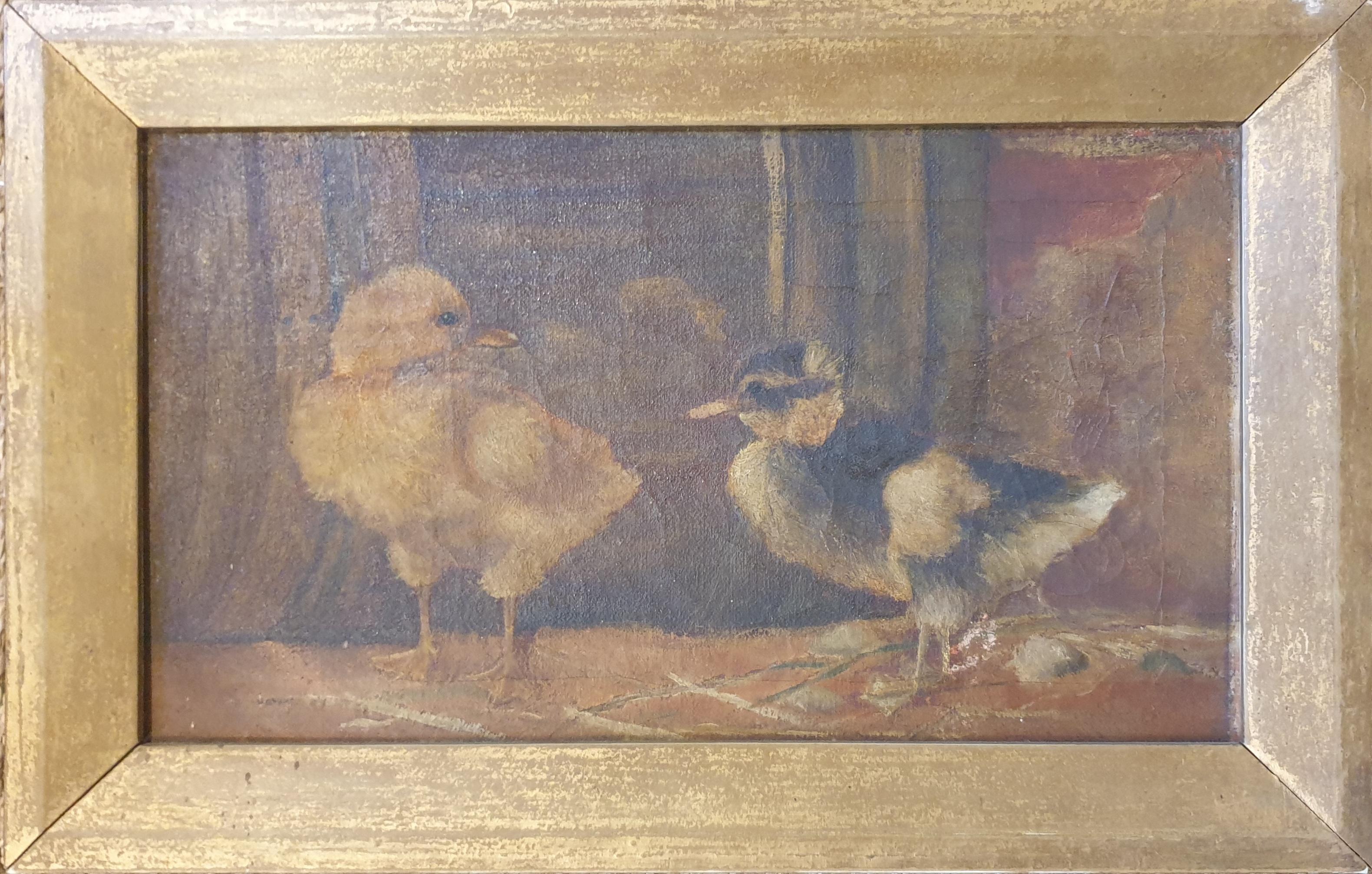 Charming late 19th century oil on canvas of a pair of ducklings. Presented in a wooden gold frame. Unsigned. The stretcher with 'keys'.

A warm and inviting painting beautifully executed and in great detail highlighting the soft downy feathers, the