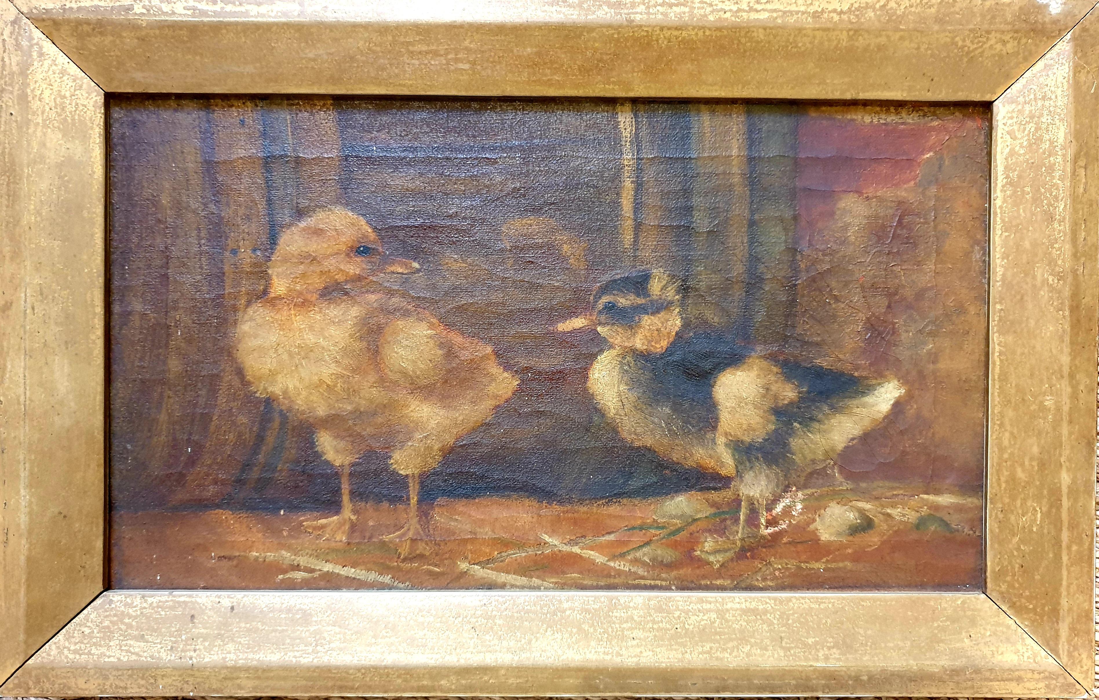 Unknown Animal Painting - The Ducklings. Late 19th Century Oil on Canvas.