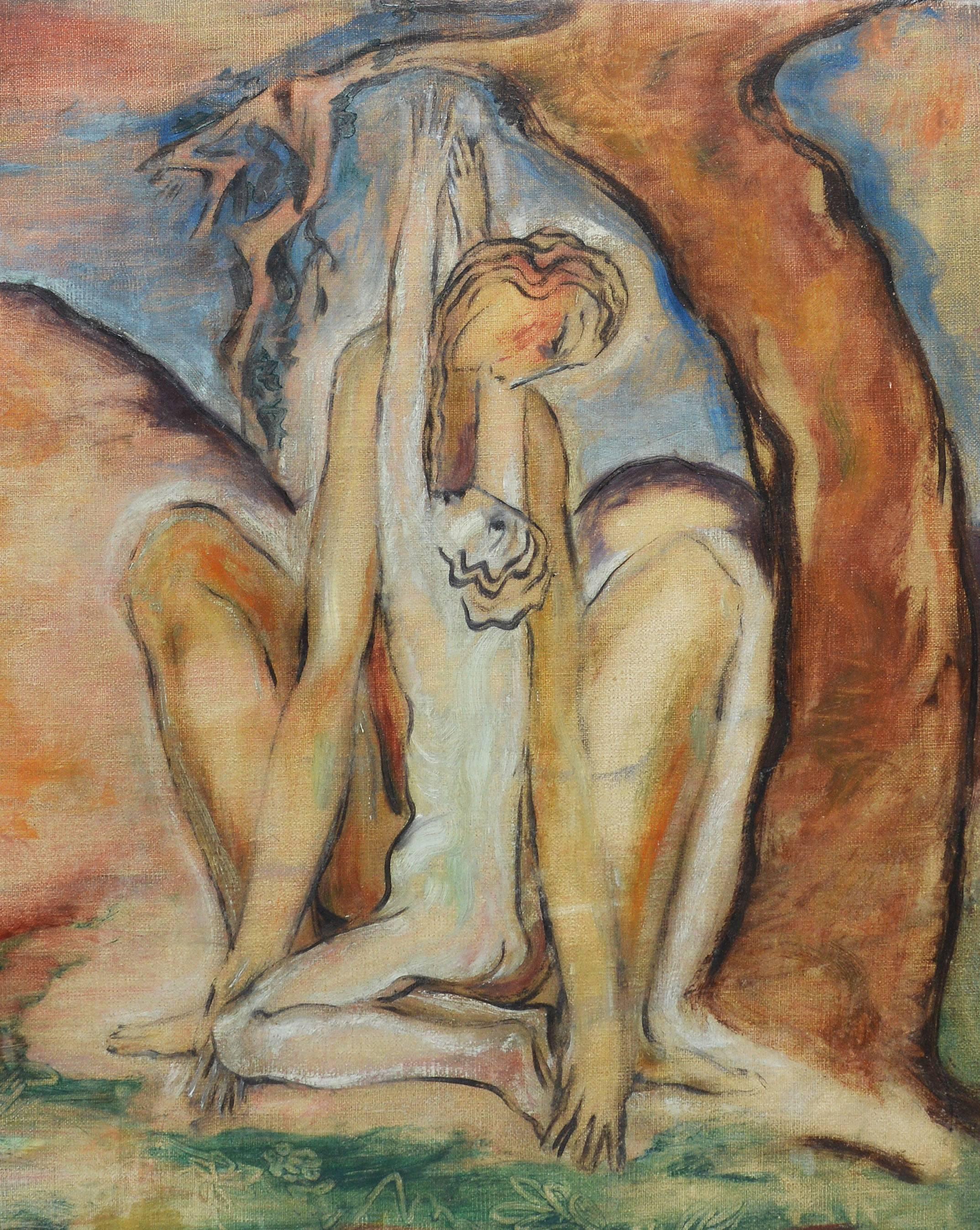 Modernist composition with two figures embracing.  Oil on canvas, circa 1920.  Unsigned.  Displayed in a period modernist frame.  Image size, 17