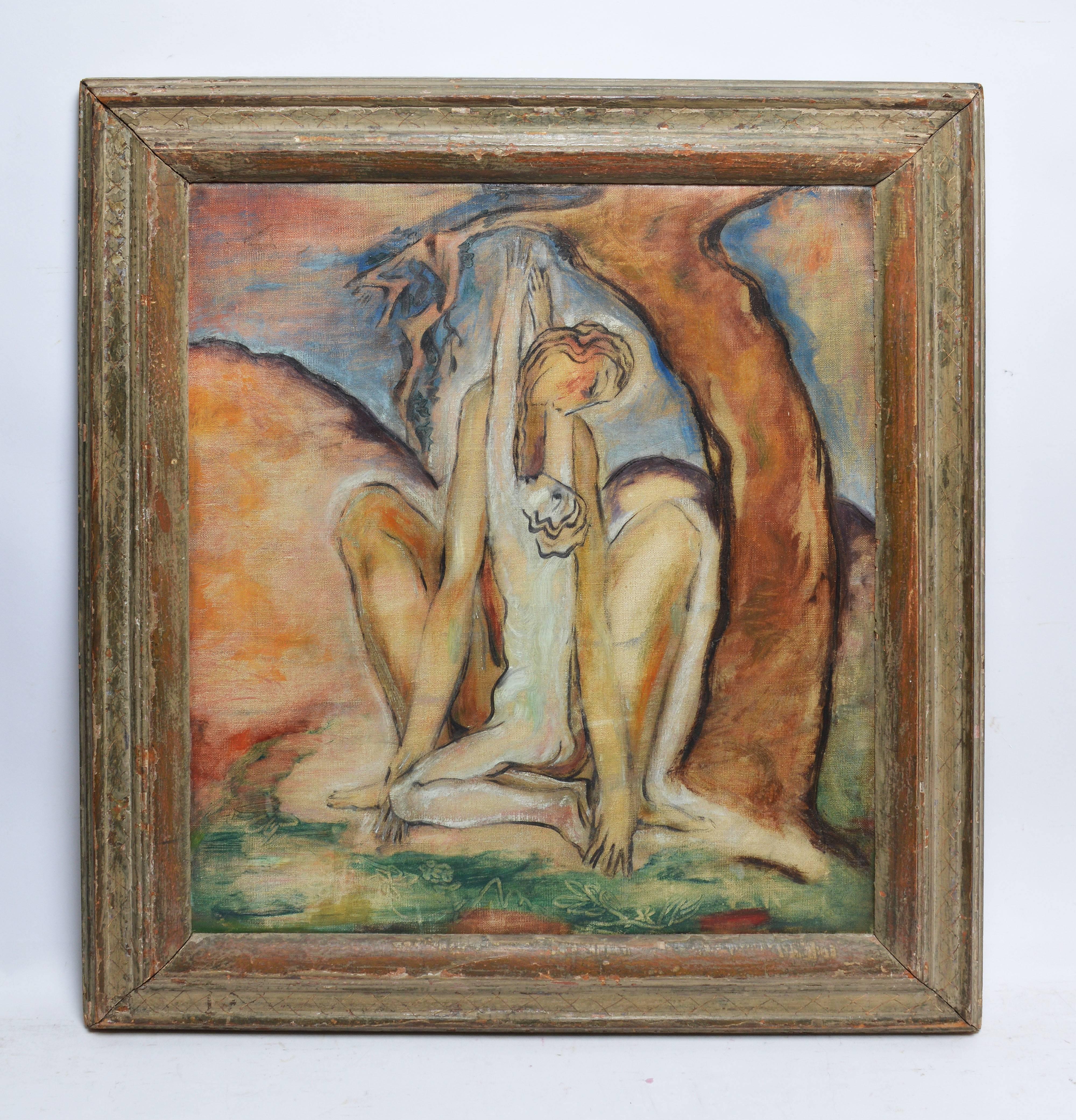 Unknown Figurative Painting - "The Embrace", American School Modernist Abstract Nude Composition