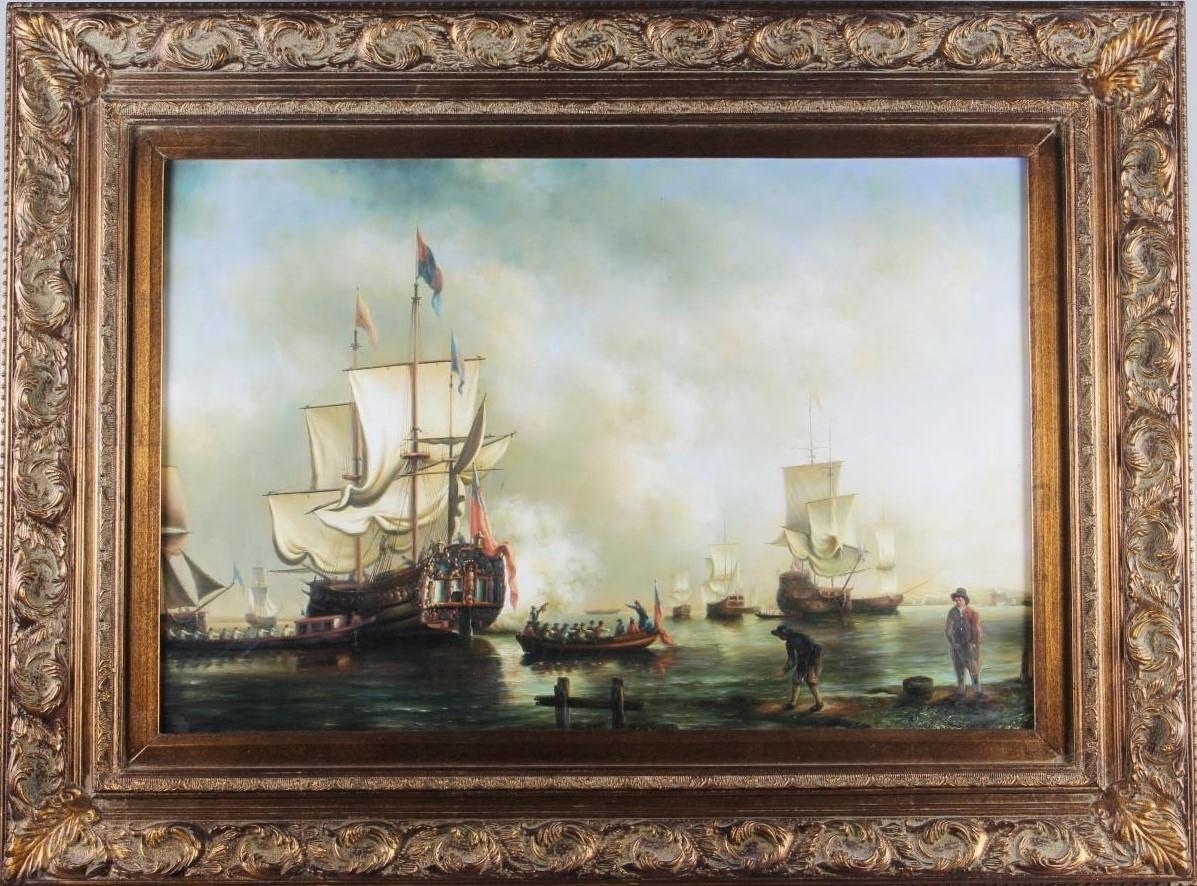 The Evening Gun - Fine Historical Naval Fleet at Sea Large Oil Painting 