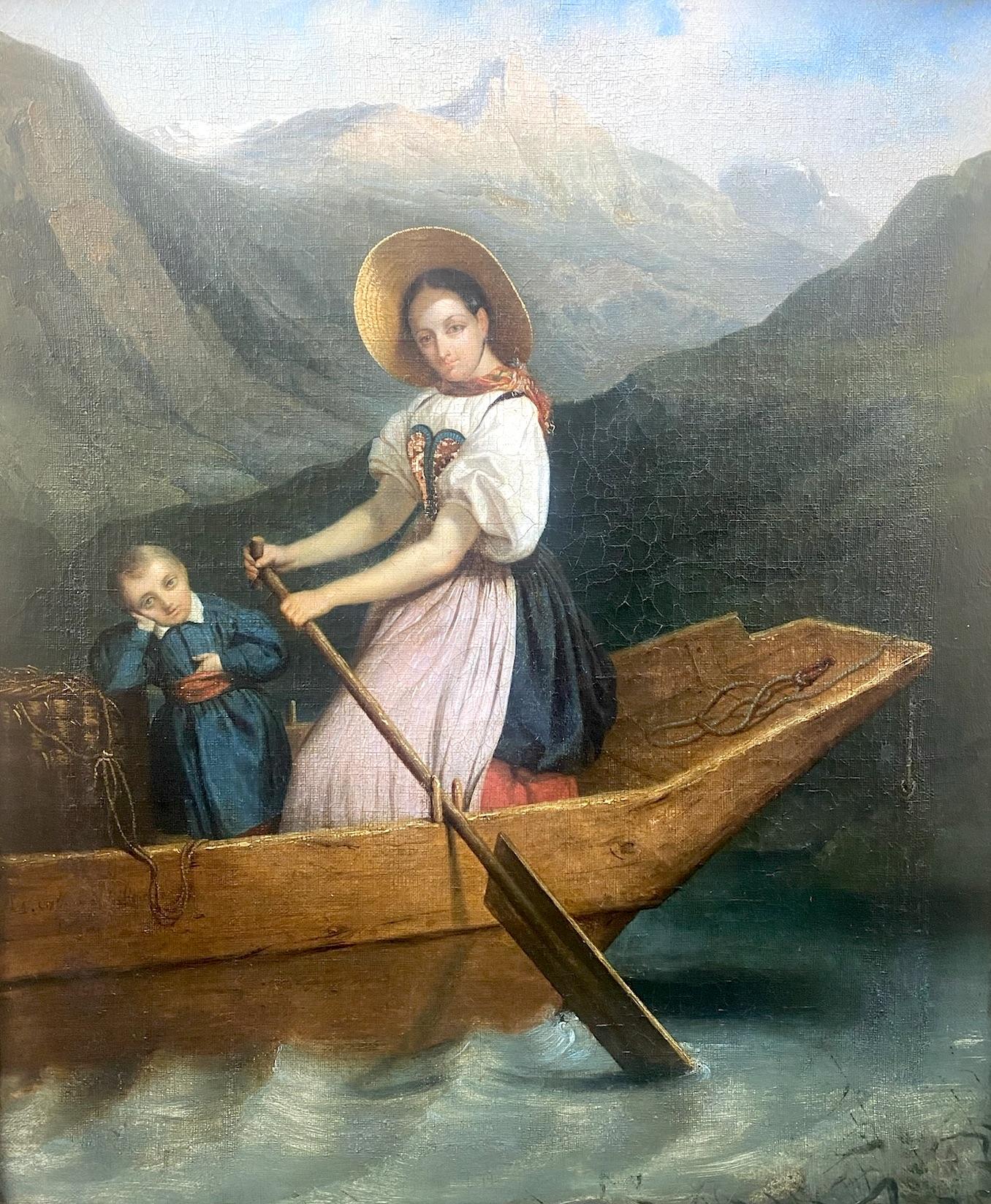 The Fair Skipper: boating on a mountain lake ca 1830 the Swiss Alps painting  - Painting by Unknown