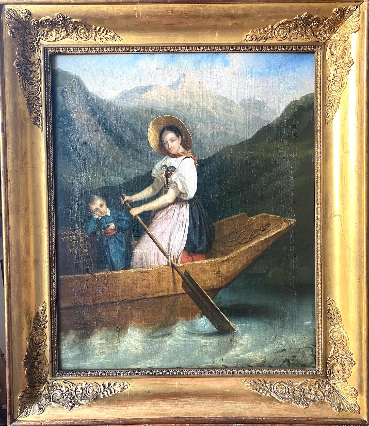 « The Fair Skipper: boating on a mountain lac ca 1830, peinture des Alpes suisses  en vente 1