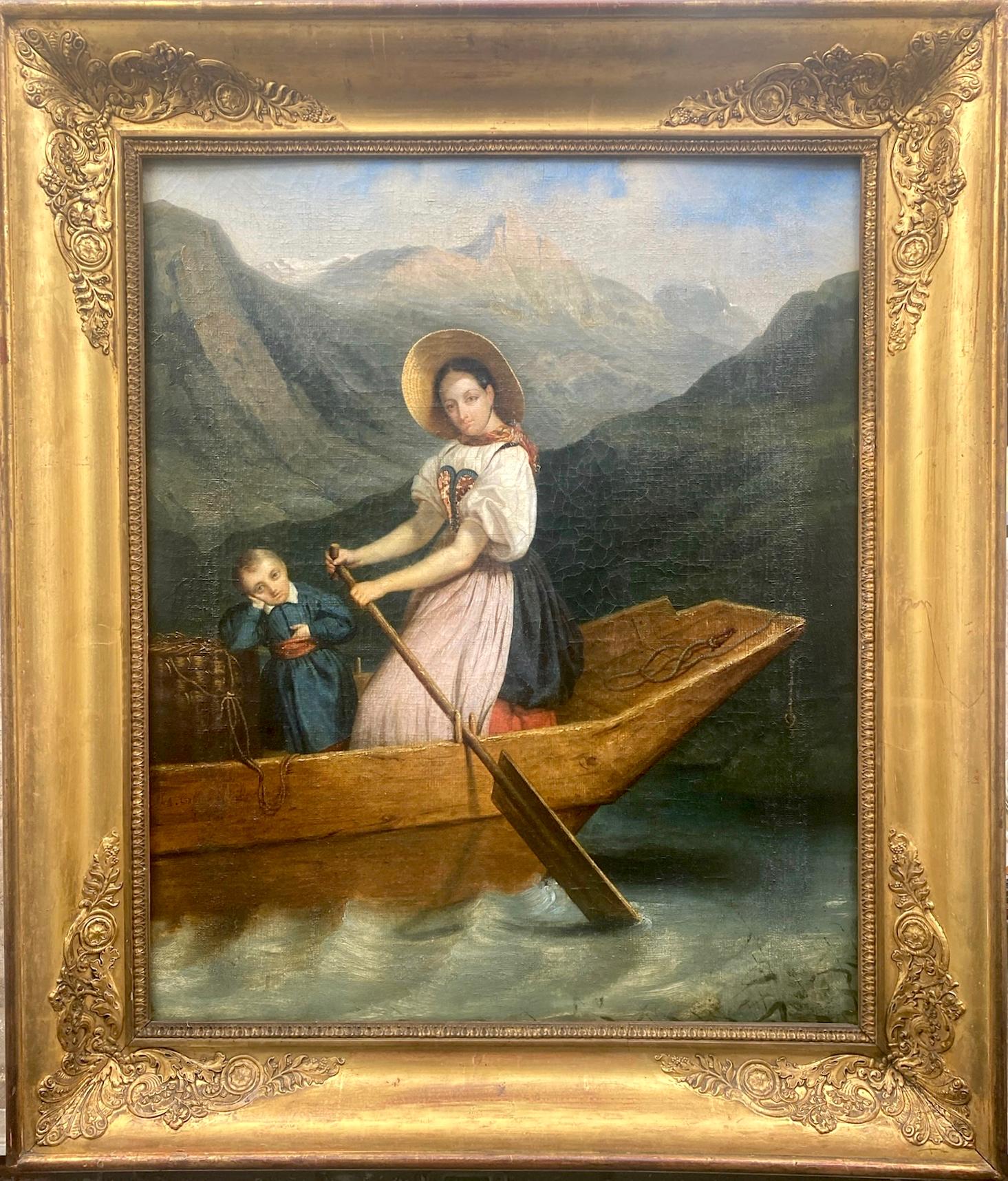 The Fair Skipper: boating on a mountain lake ca 1830 the Swiss Alps painting 
