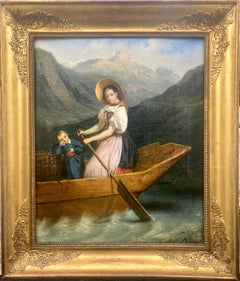 Vintage The Fair Skipper: boating on a mountain lake ca 1830 the Swiss Alps painting 