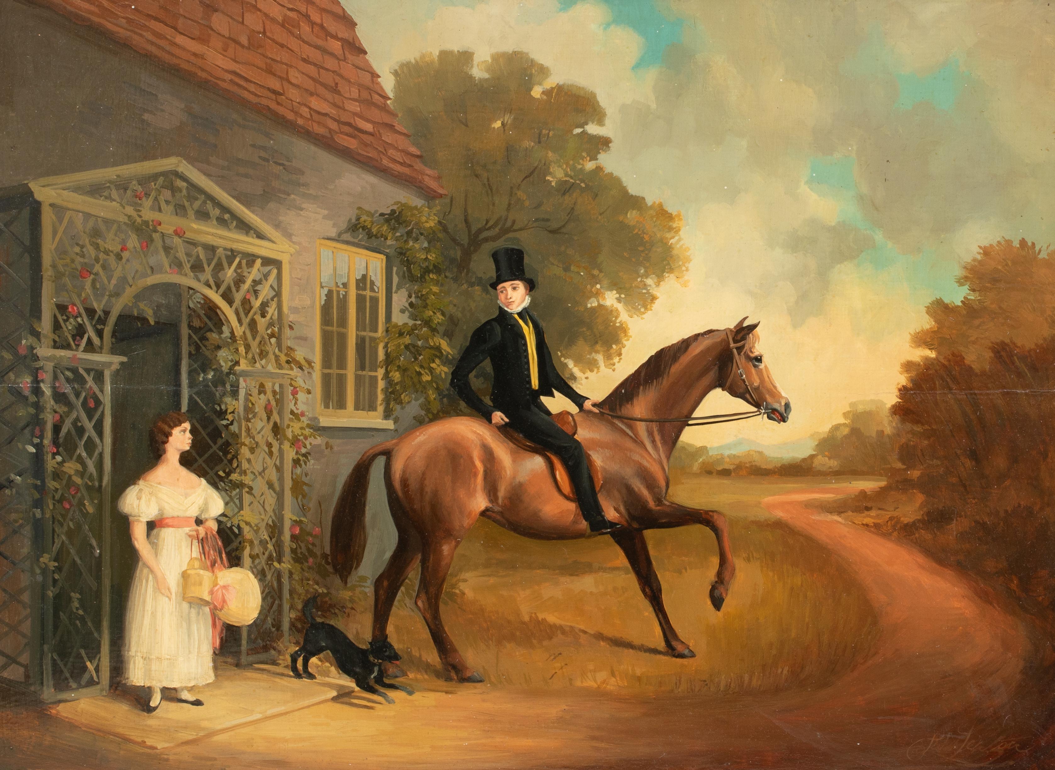 The Farewell, 19th Century 

English Provincial School

Large 19th Century English Provincial School country scene of a gentleman departing his lover, oil on canvas. Charming circa 1840 rural scene of the lady and gentleman outside their country