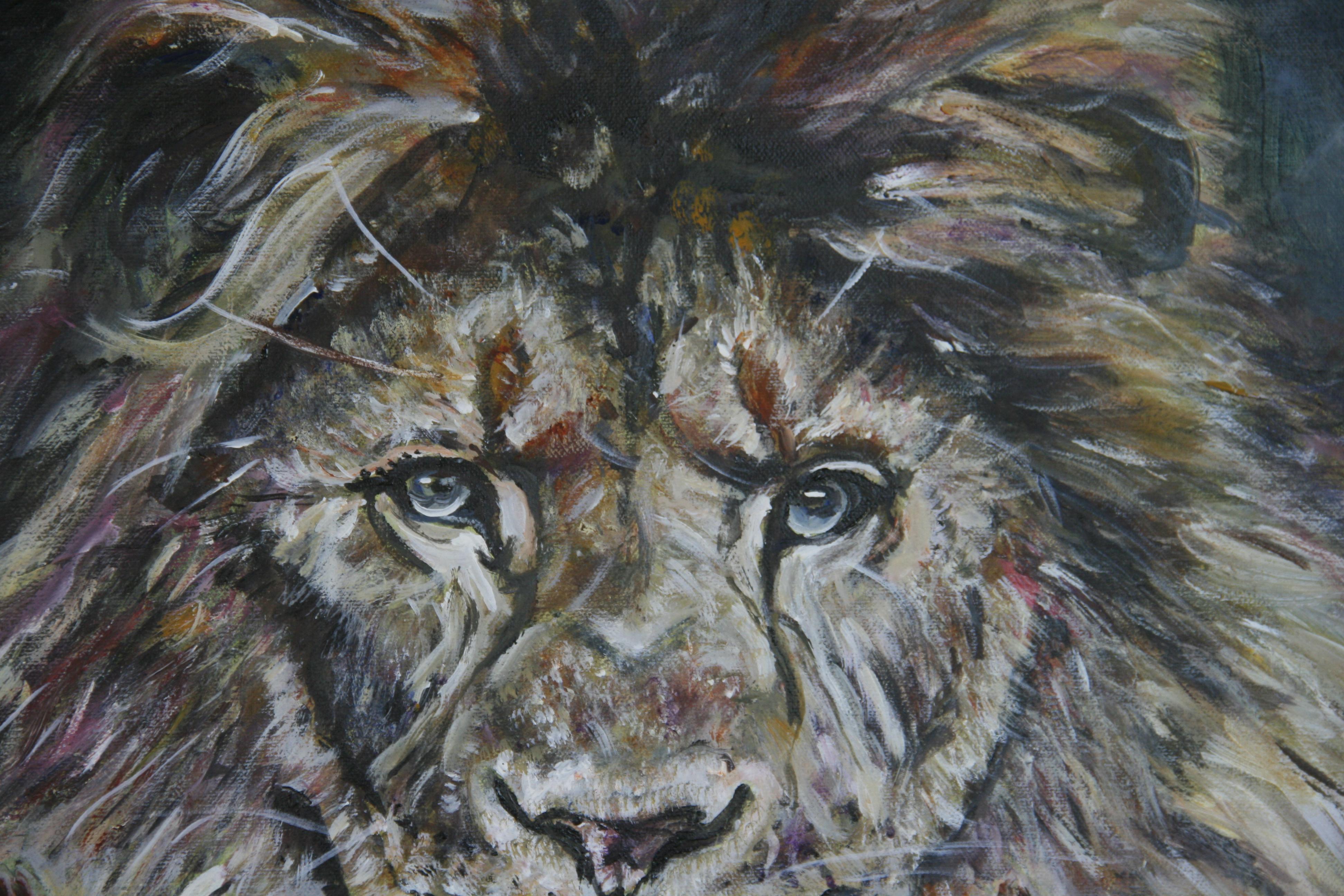 The Female Lion Slayer  Figurative  oil on  Canvas - Black Animal Painting by Unknown