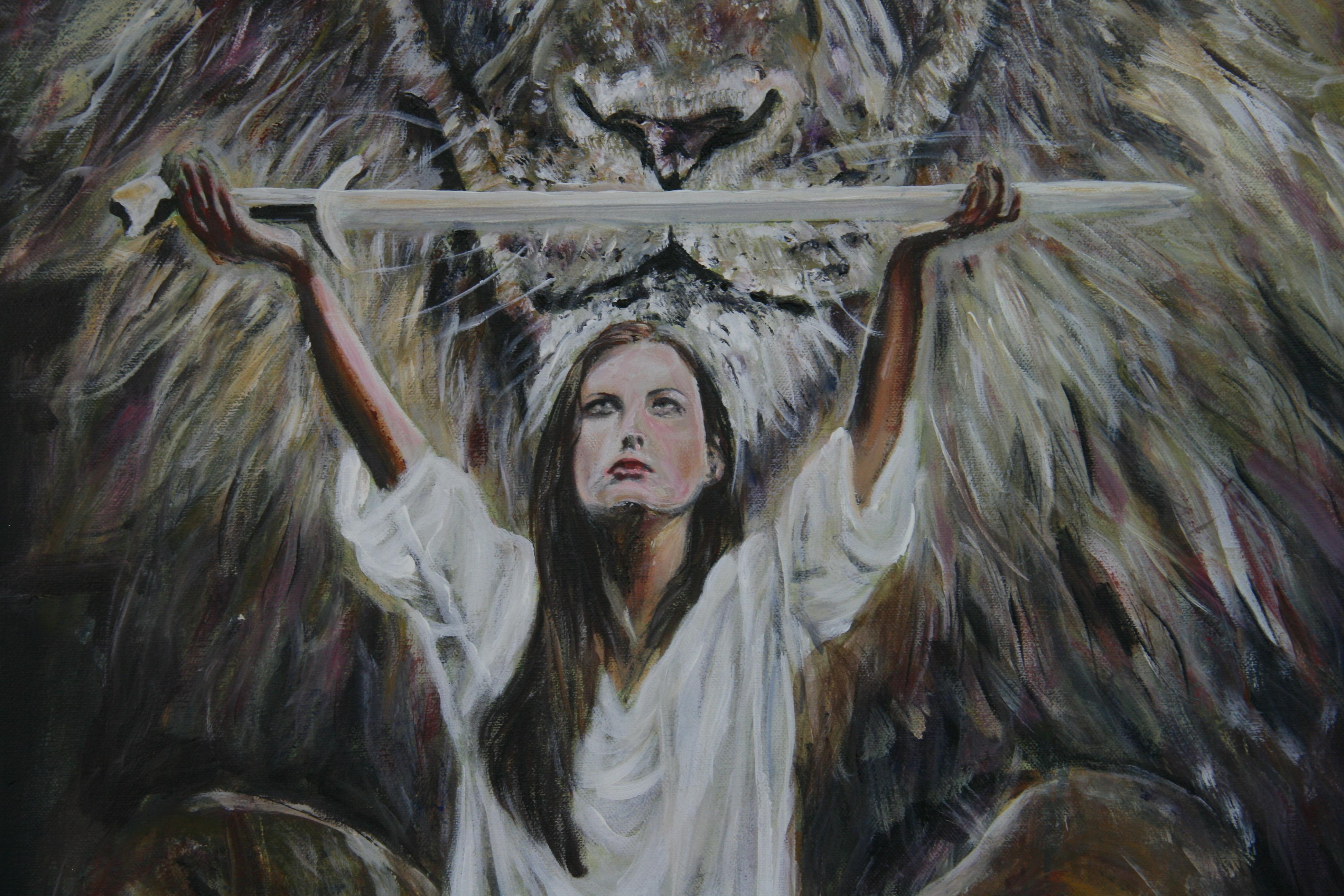 5014 Large American Modernist  oil  on canvas of a woman and a large lion
Unframed
Signed Lisa Hasina 87

