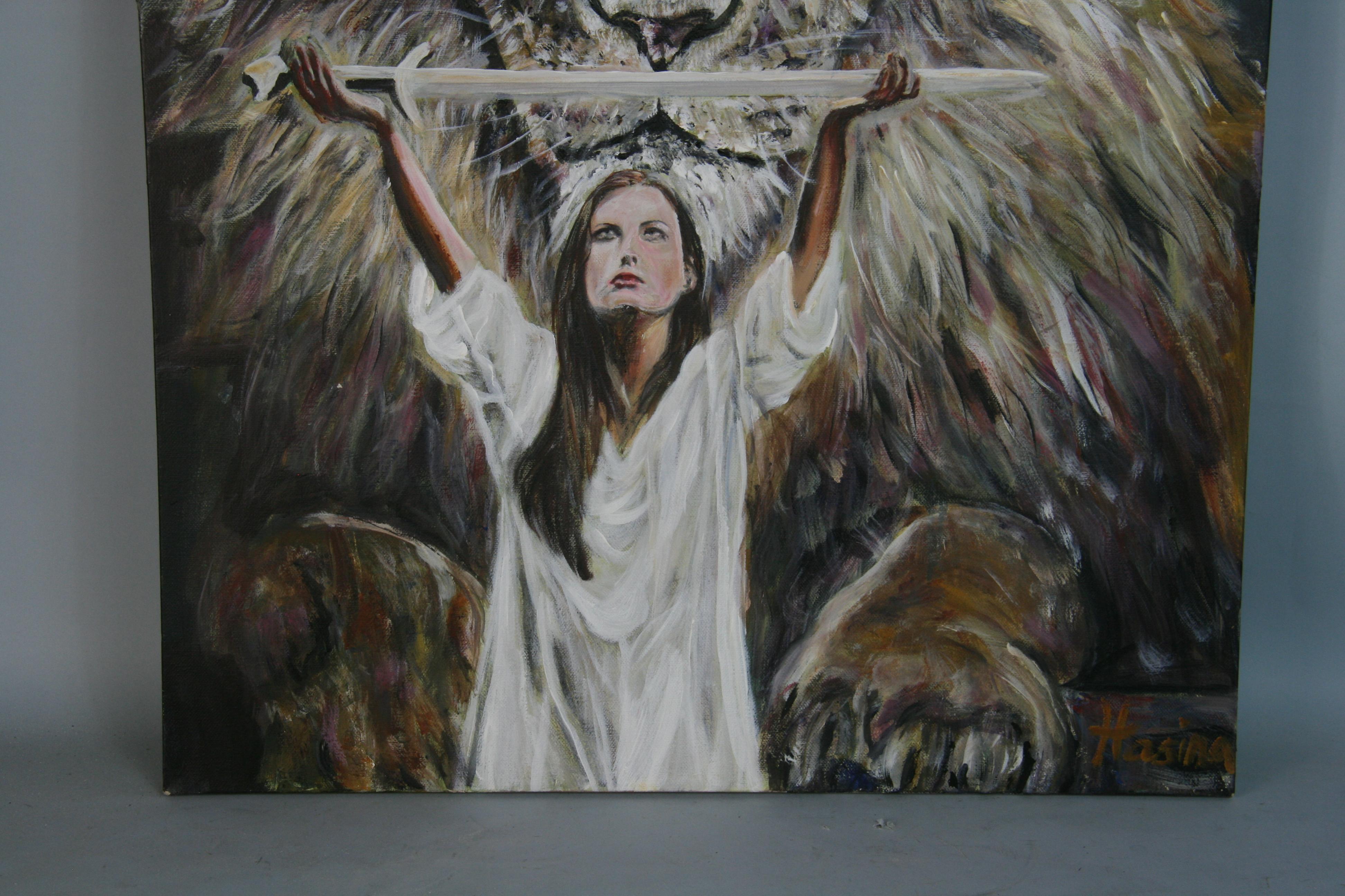 The Female Lion Slayer  Figurative  oil on  Canvas For Sale 1