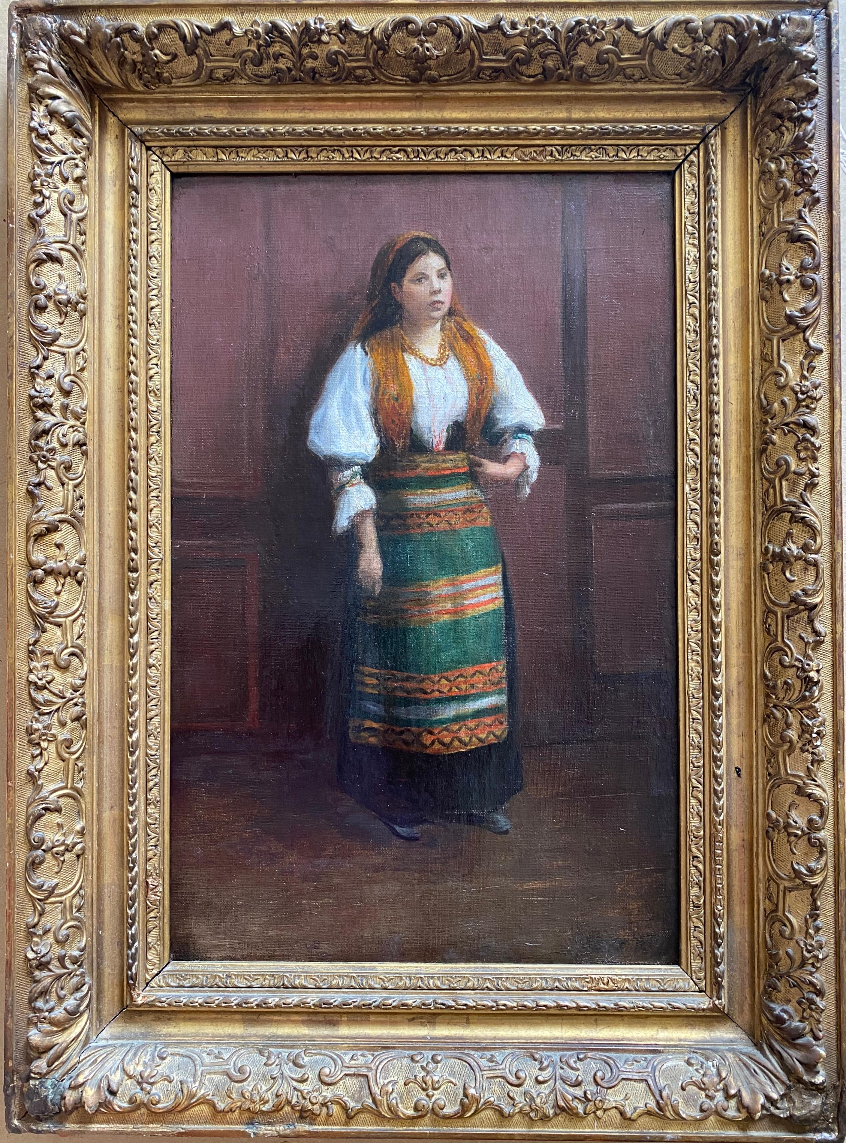 Unknown Portrait Painting - The first time model: the enigmatic young bohemian girl in traditional dress  