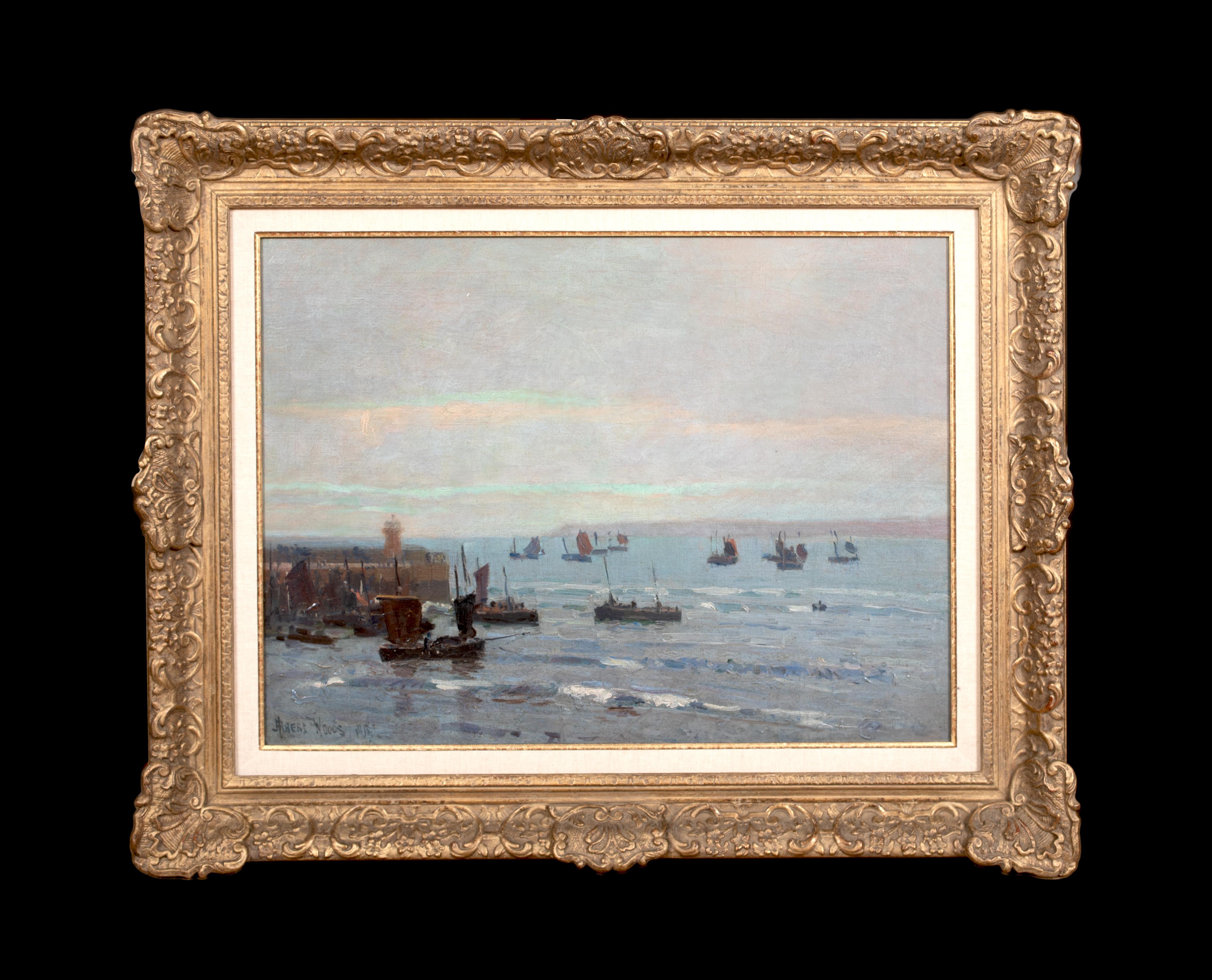 The Fishing Fleet, St Ives, dated 1918  by ALBERT WOODS ( 1871-1944) - Painting by Unknown