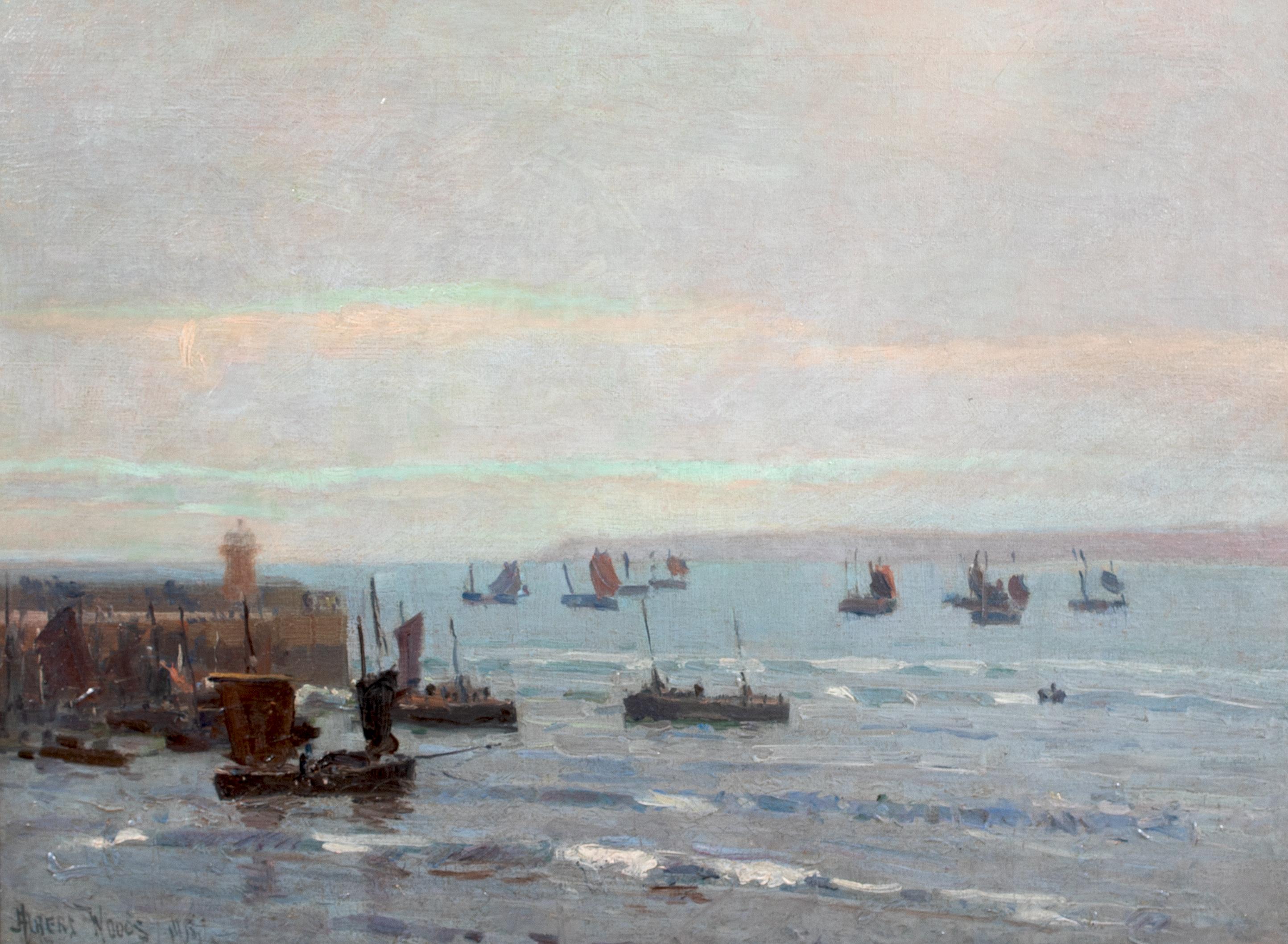 The Fishing Fleet, St Ives, dated 1918  by ALBERT WOODS ( 1871-1944) - Brown Landscape Painting by Unknown
