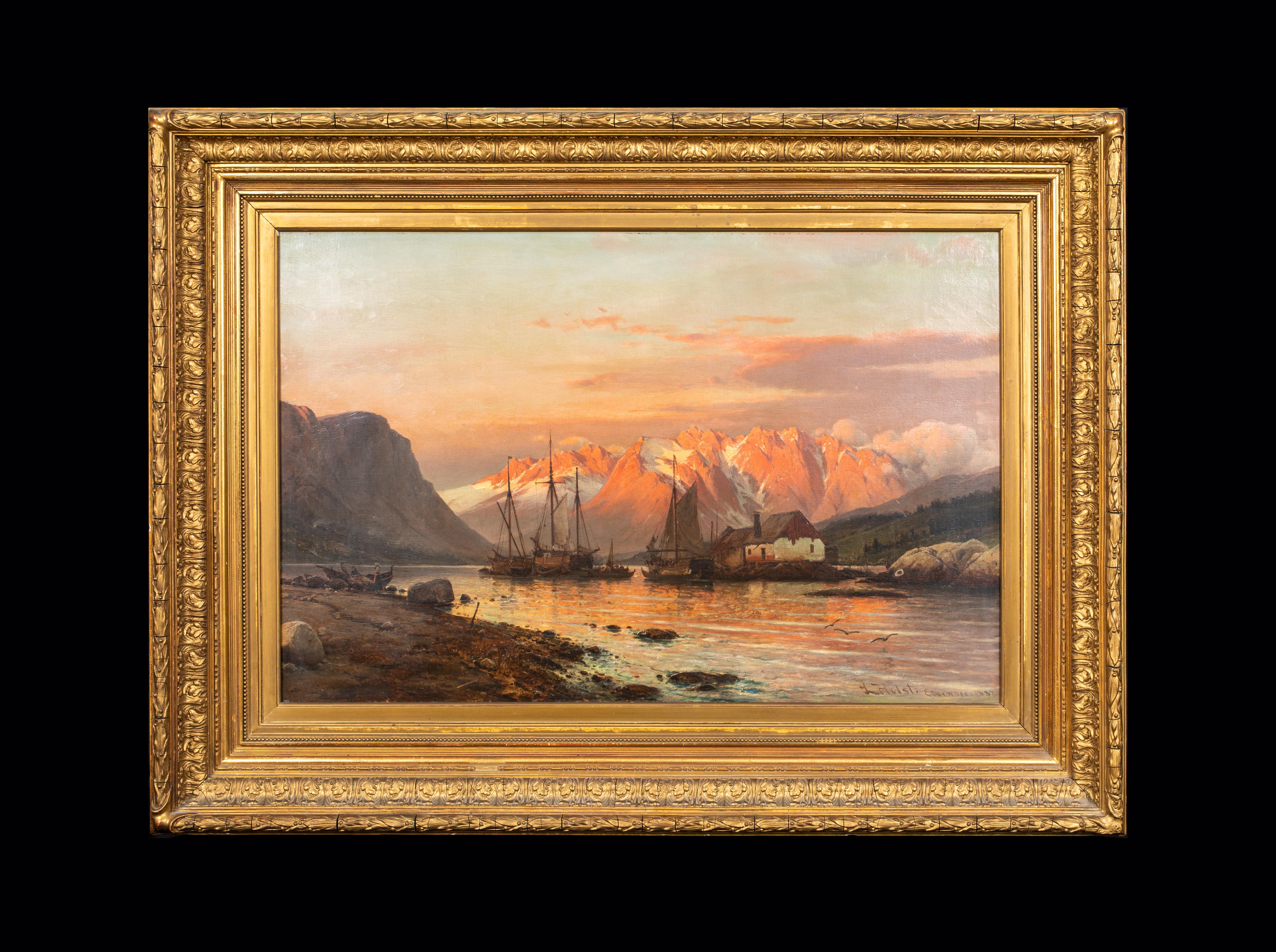 Le fjord au coucher du soleil, Elseneur, Danemark, 19e siècle  Laurits Bernhard Holst - Painting de Unknown