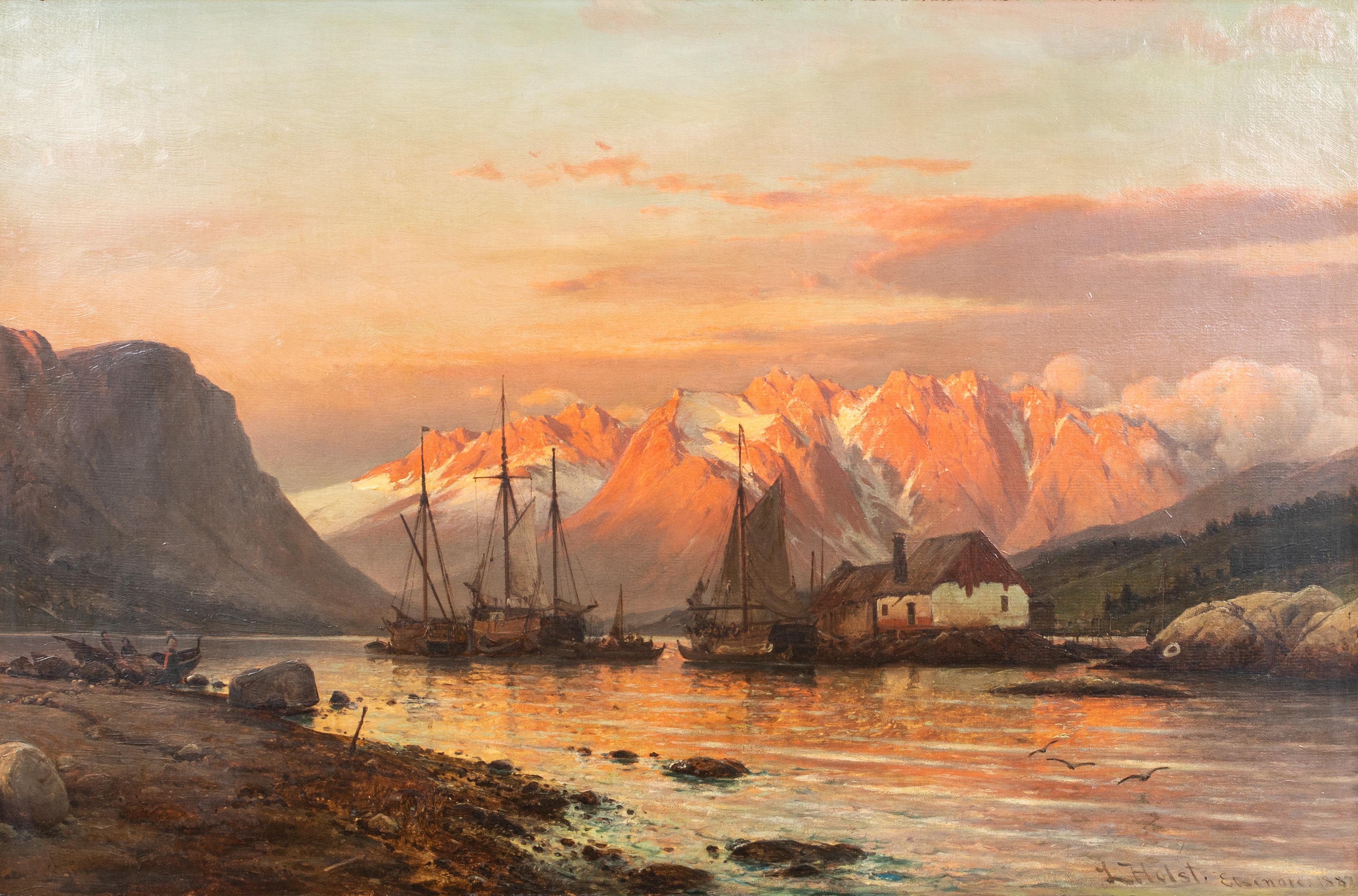 Landscape Painting Unknown - Le fjord au coucher du soleil, Elseneur, Danemark, 19e siècle  Laurits Bernhard Holst