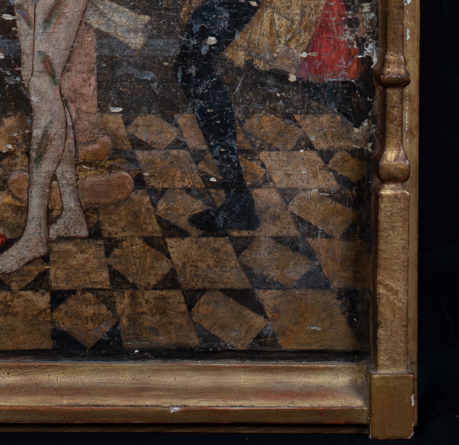 La flagellation du Christ, 16e siècle 

École espagnole Old Master

Grand tableau de maître ancien de l'école espagnole du XVIe siècle représentant la Flagellation du Christ, huile et gesso sur panneau. Importante représentation précoce de la