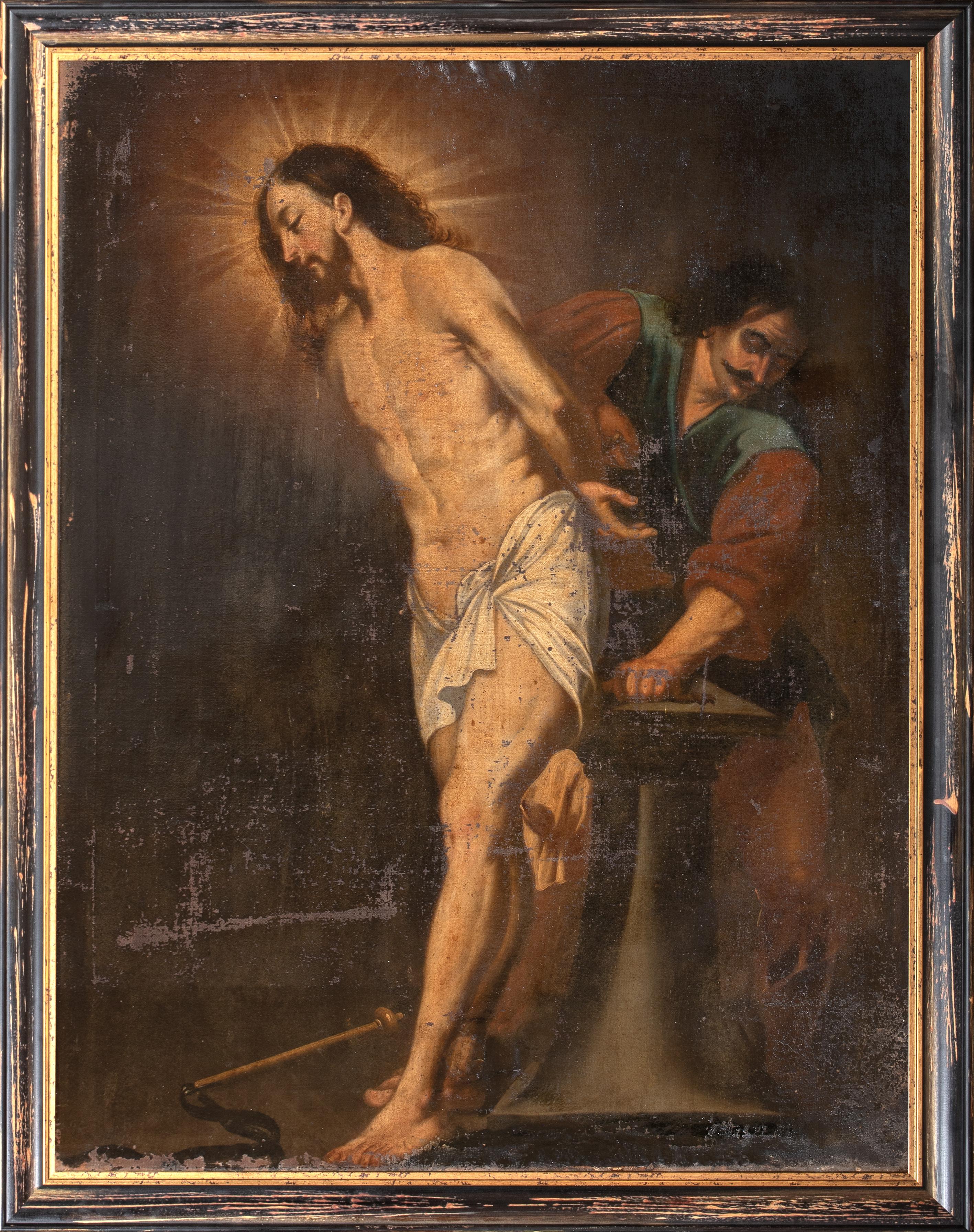 La flagellazione di Cristo, XVII secolo  Scuola italiana Old Master - Portrait Painting Nero di Unknown
