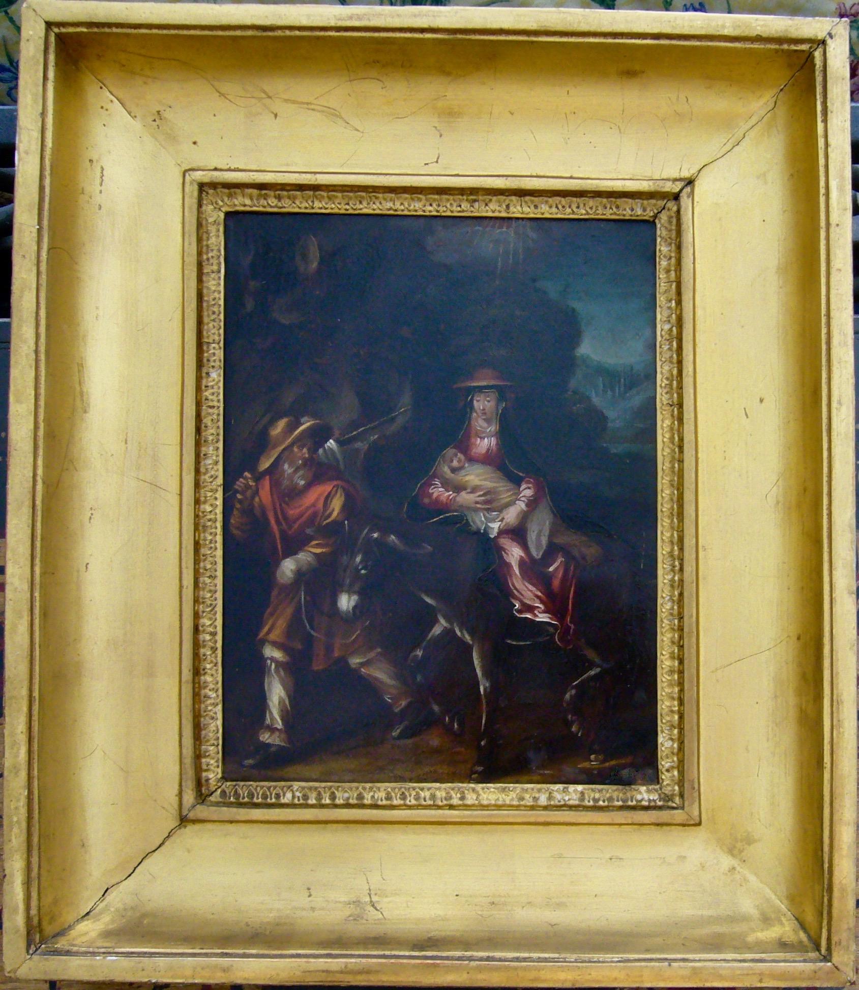 The Flight into Egypt
1620 Flemish Baroque Old Master Oil Painting on Copper

The Flight into Egypt, Flemish Baroque Old Master Oil on Copper, c. 1620.
Entourage de Jacob Jordaens

Presumably developed in Italy, the technique of painting on copper
