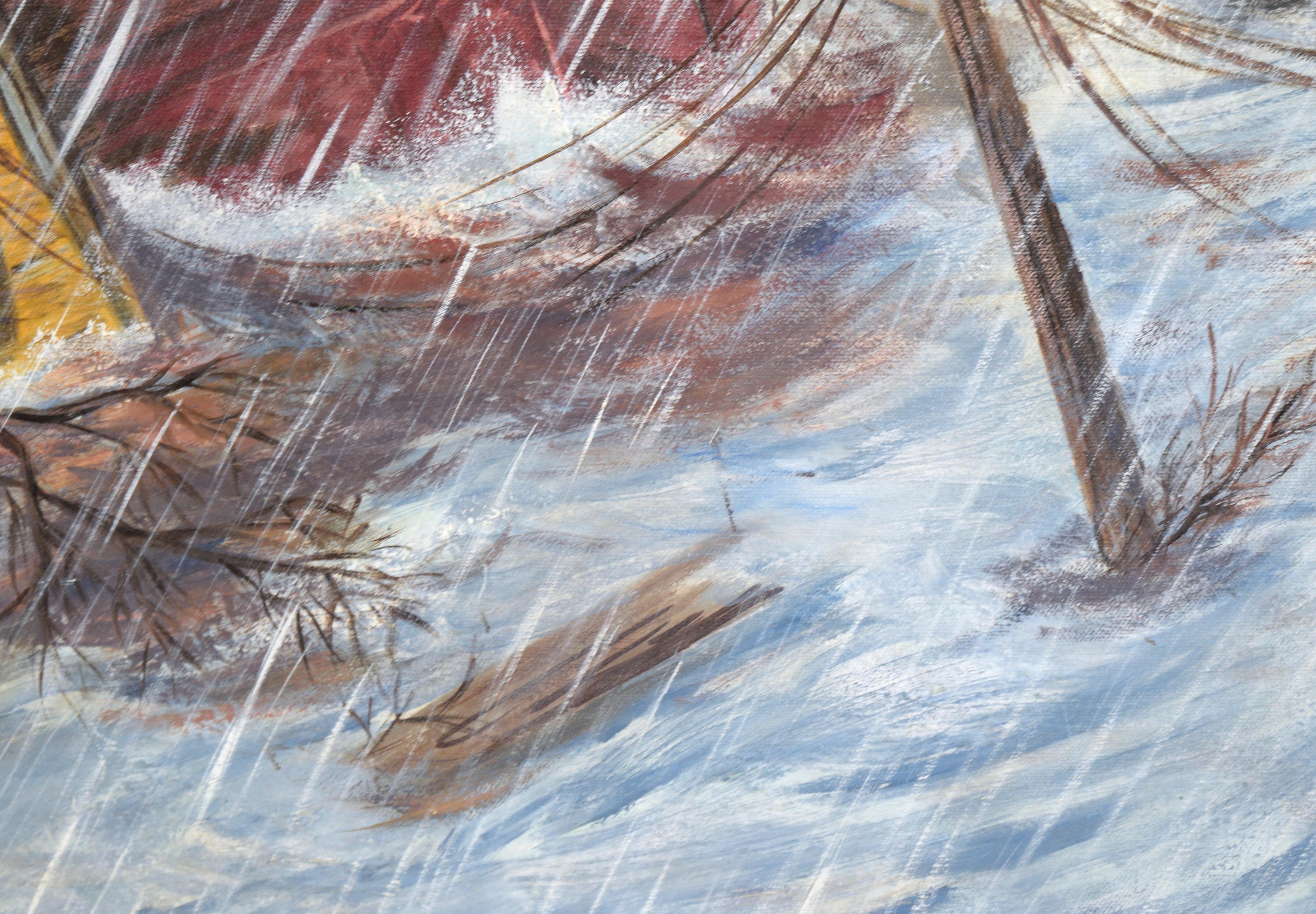 Dramatische Darstellung einer Überschwemmung durch einen unbekannten Künstler (20. Jahrhundert). Das Hochwasser ist gestiegen und strömt durch eine Stadt, in der es immer noch regnet. Ein Haus steht noch, aber ein anderes rotes Haus ist völlig