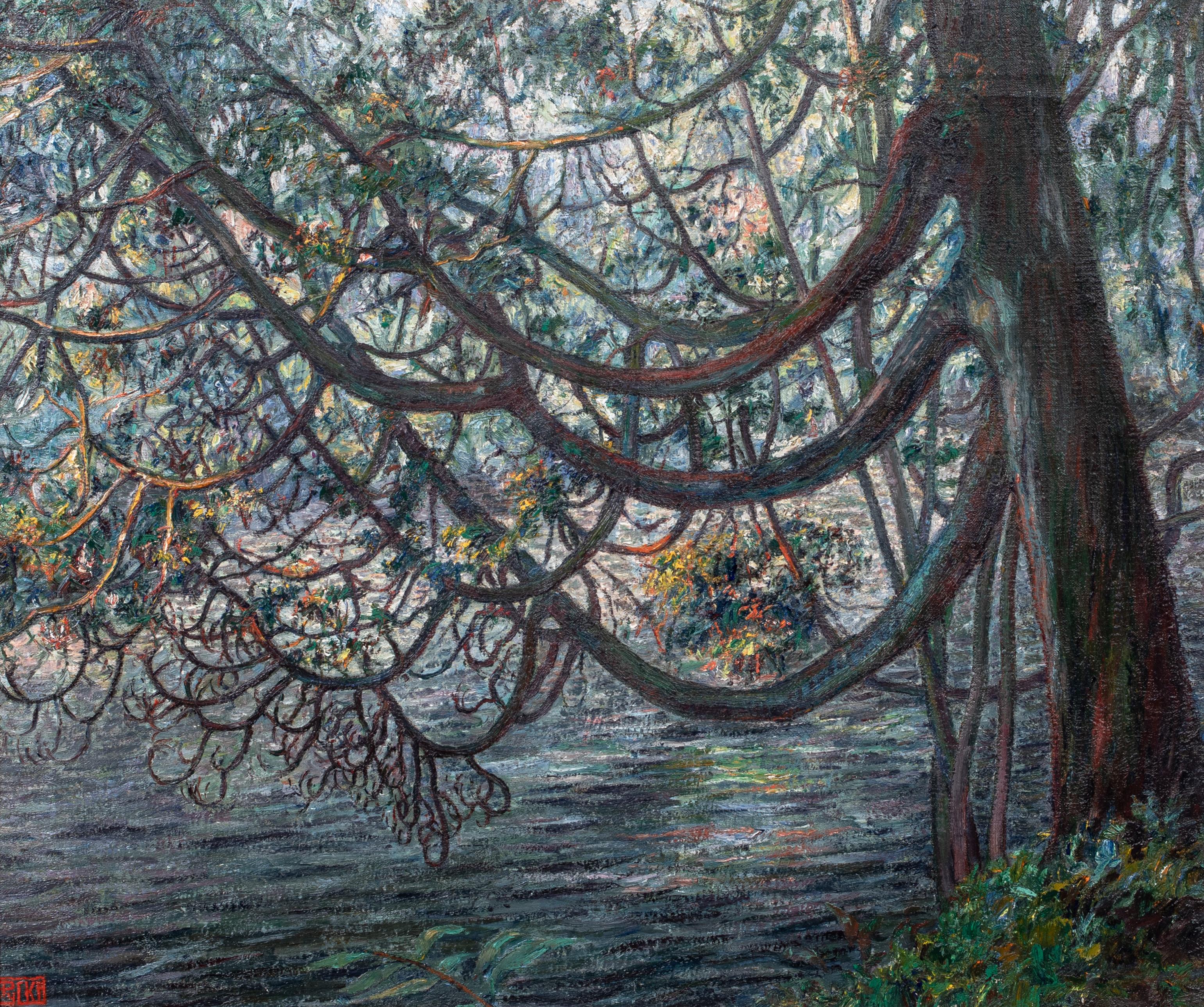 Der blühende Baum, Fluss Rhone, Genf um 1920 von Francois Pycke (1890-1960) (Grau), Landscape Painting, von Unknown