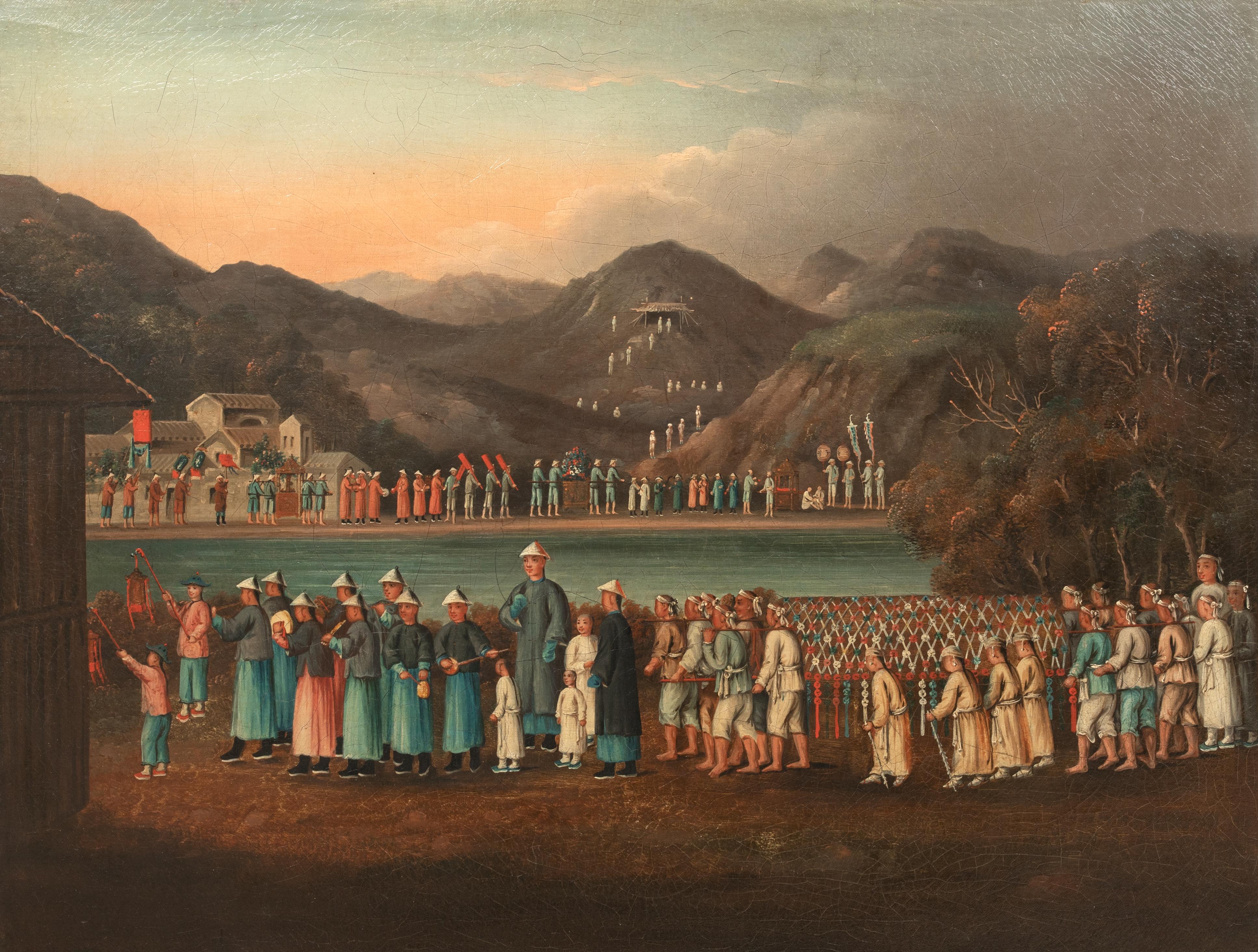 The Funeral Procession, circa 1820 

Chinese School

Large 1early 19th Century Chinese School Funeral procession landscape, oil on canvas. Good quality and condition unusual landscape view capturing figures around a lake at a funeral procession that